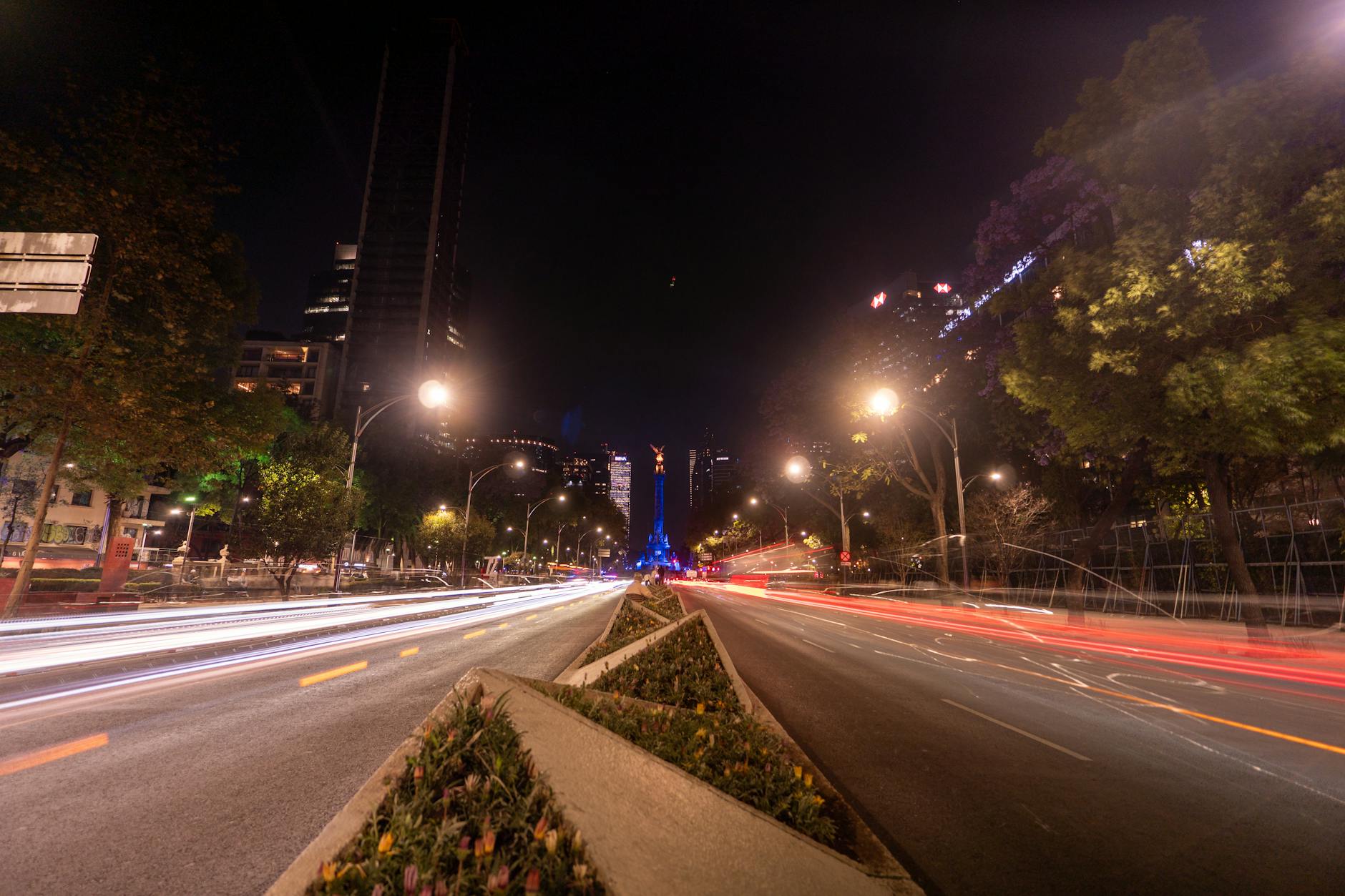 Night traffic on Paseo de la Reforma in Mexico City