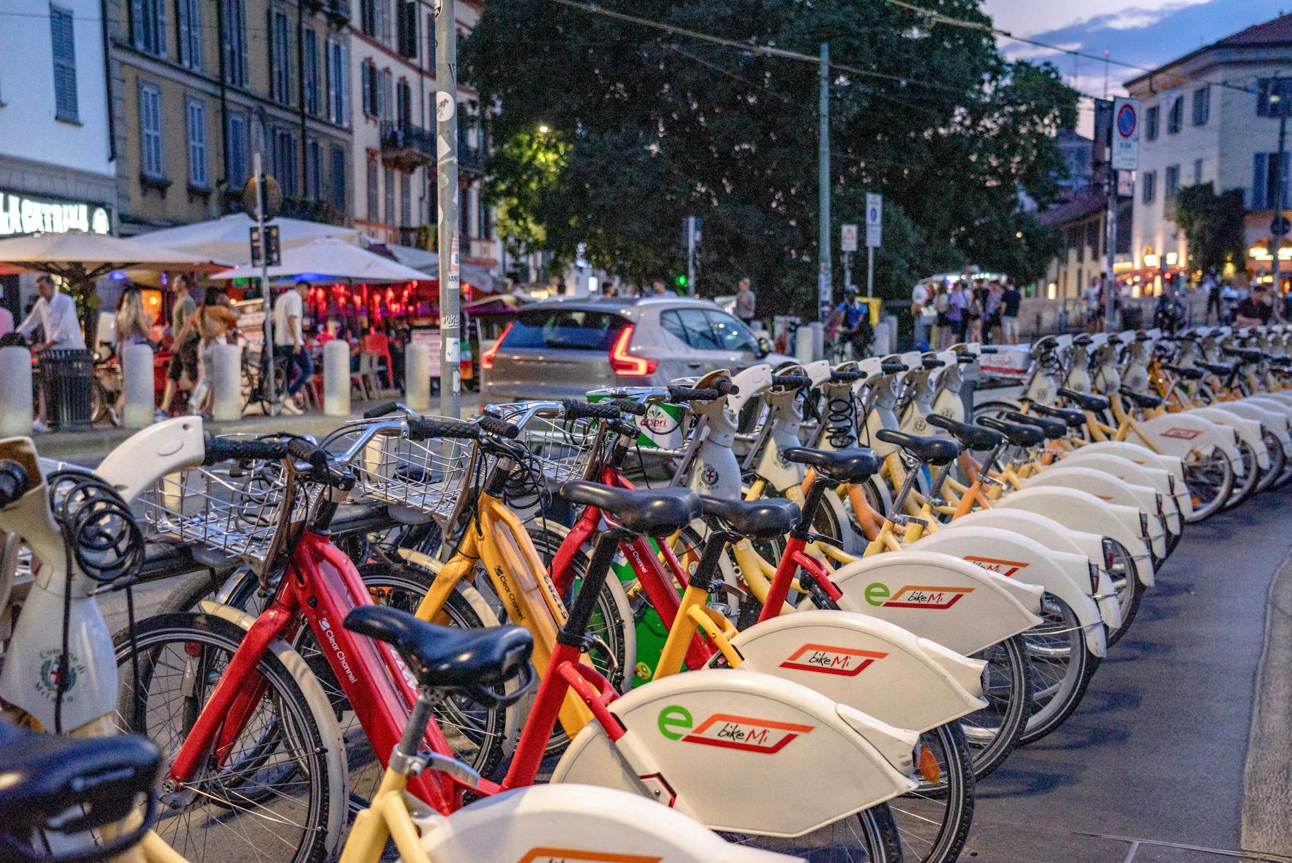 Bicycles parked on a Milan street