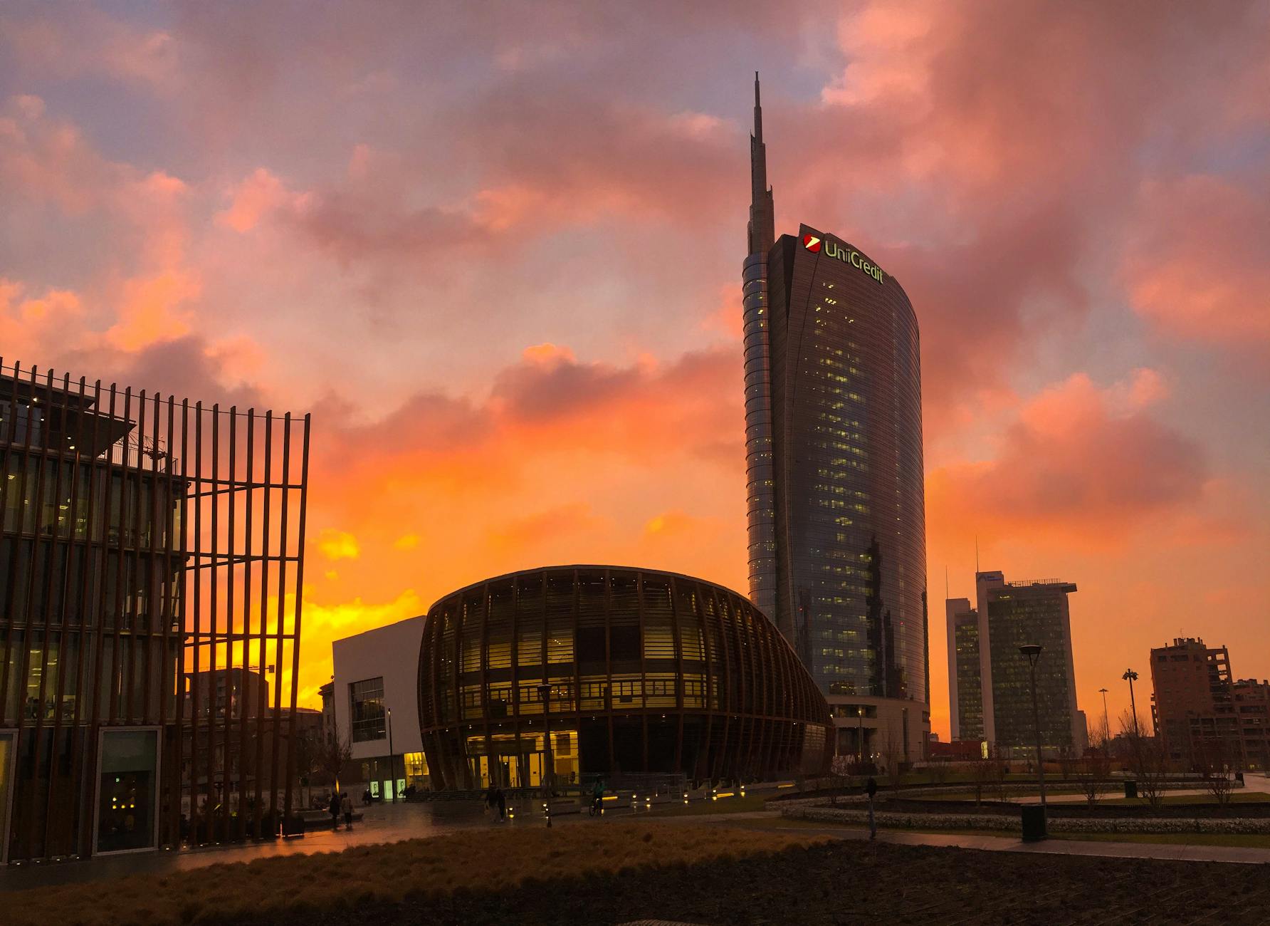 Milan skyline at sunset with UniCredit Tower
