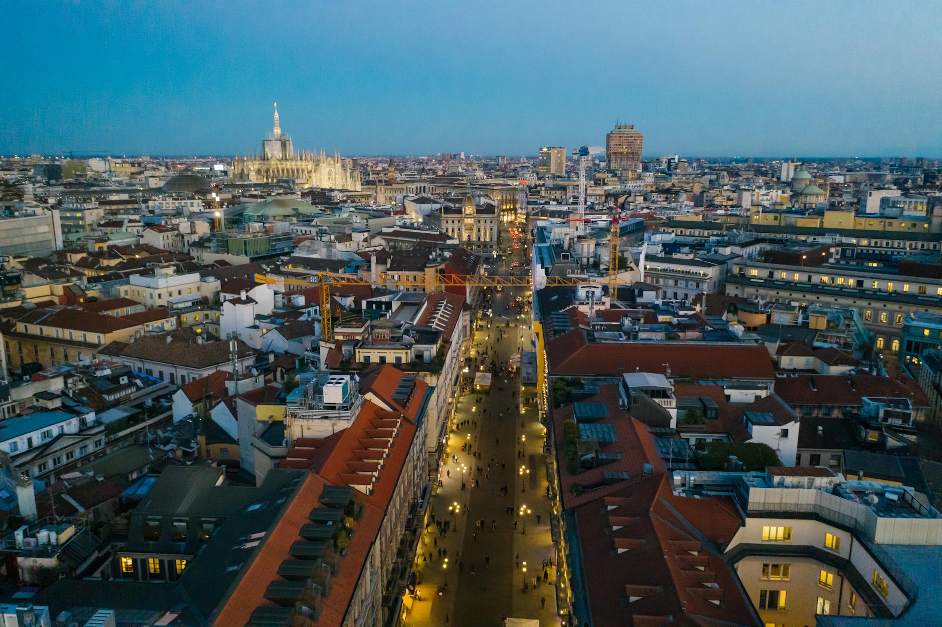 Illuminated aerial view of Milan