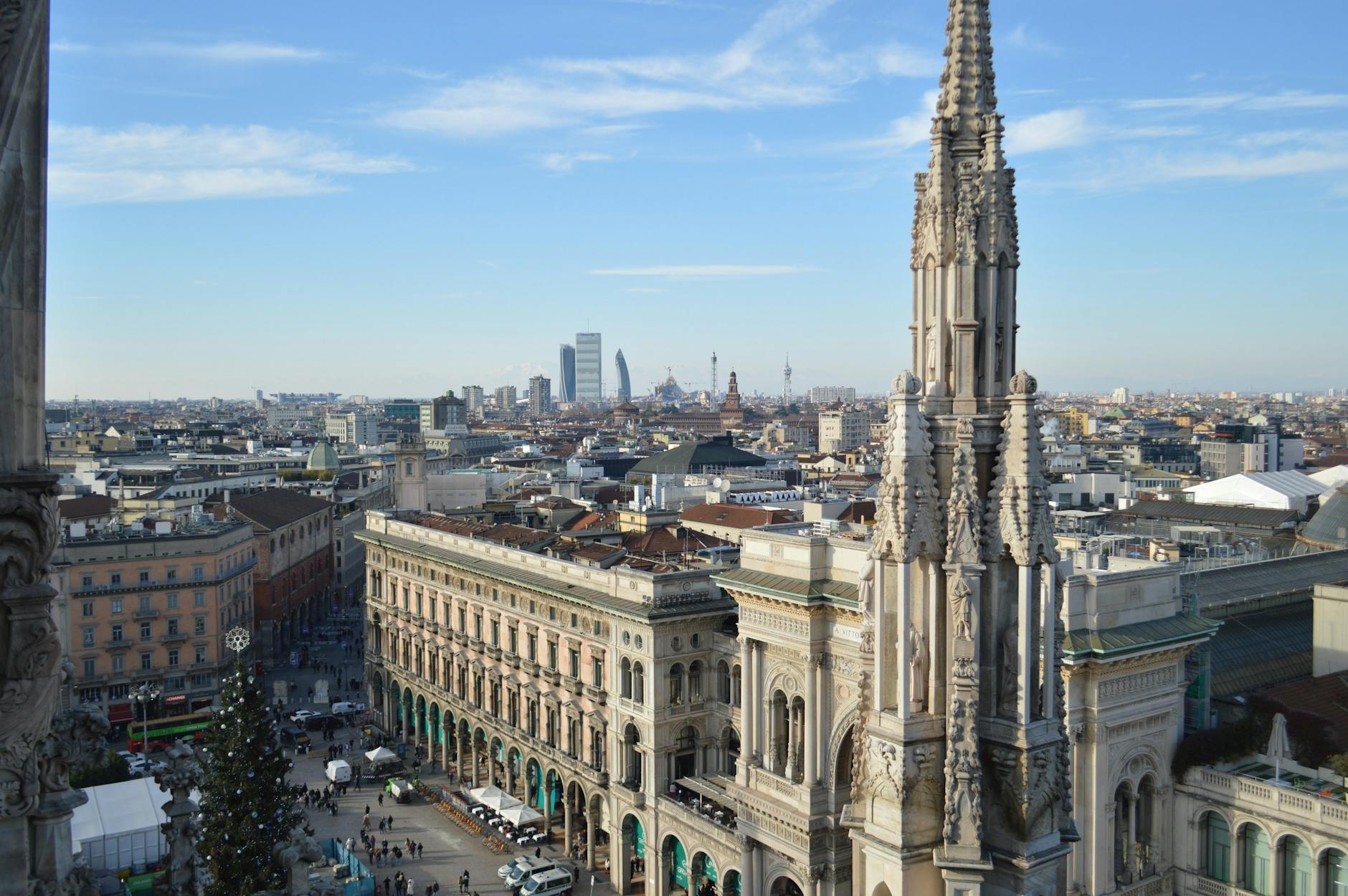 Aerial view of Milan skyline with the Duomo spire