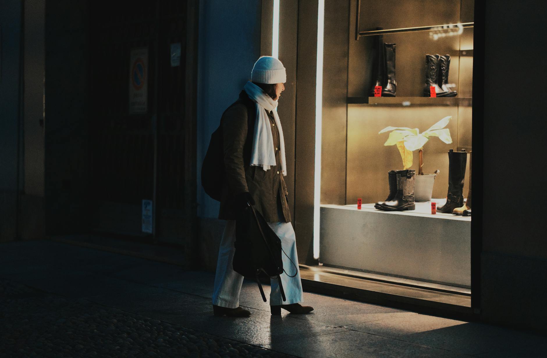 Boutique window in Milan at night