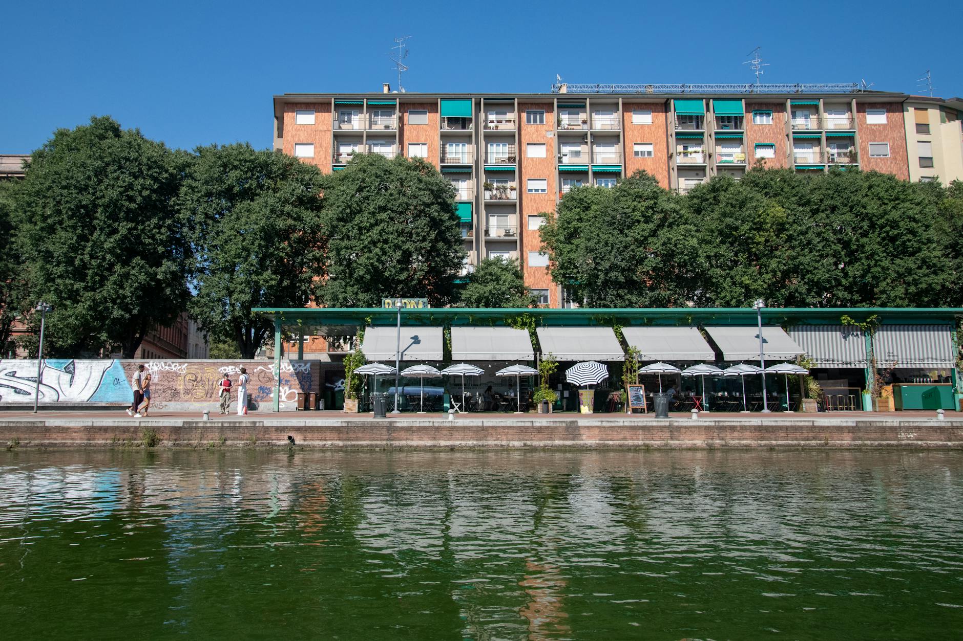Canal-side residential area in Milan with pedestrians