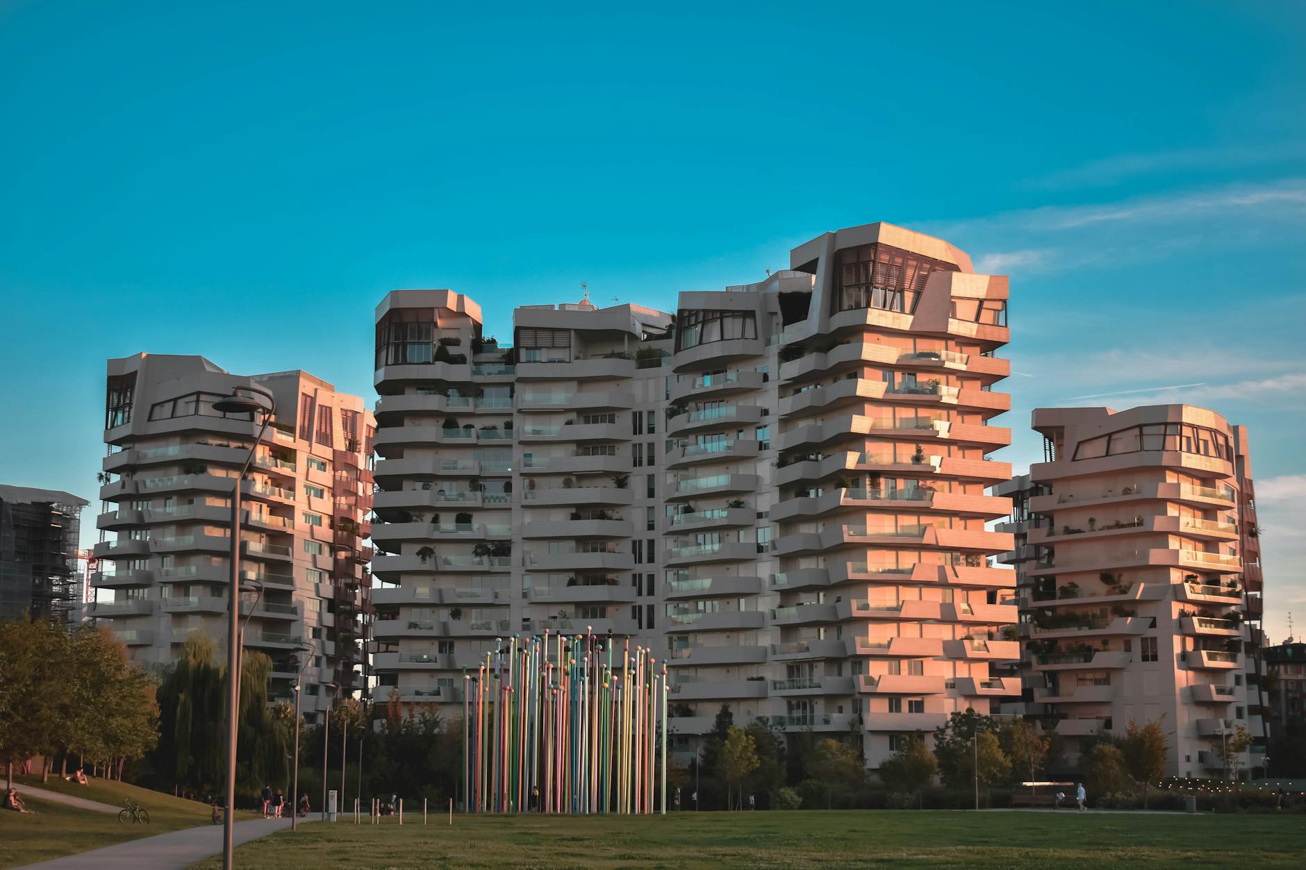 Modern buildings in Milan at sunset