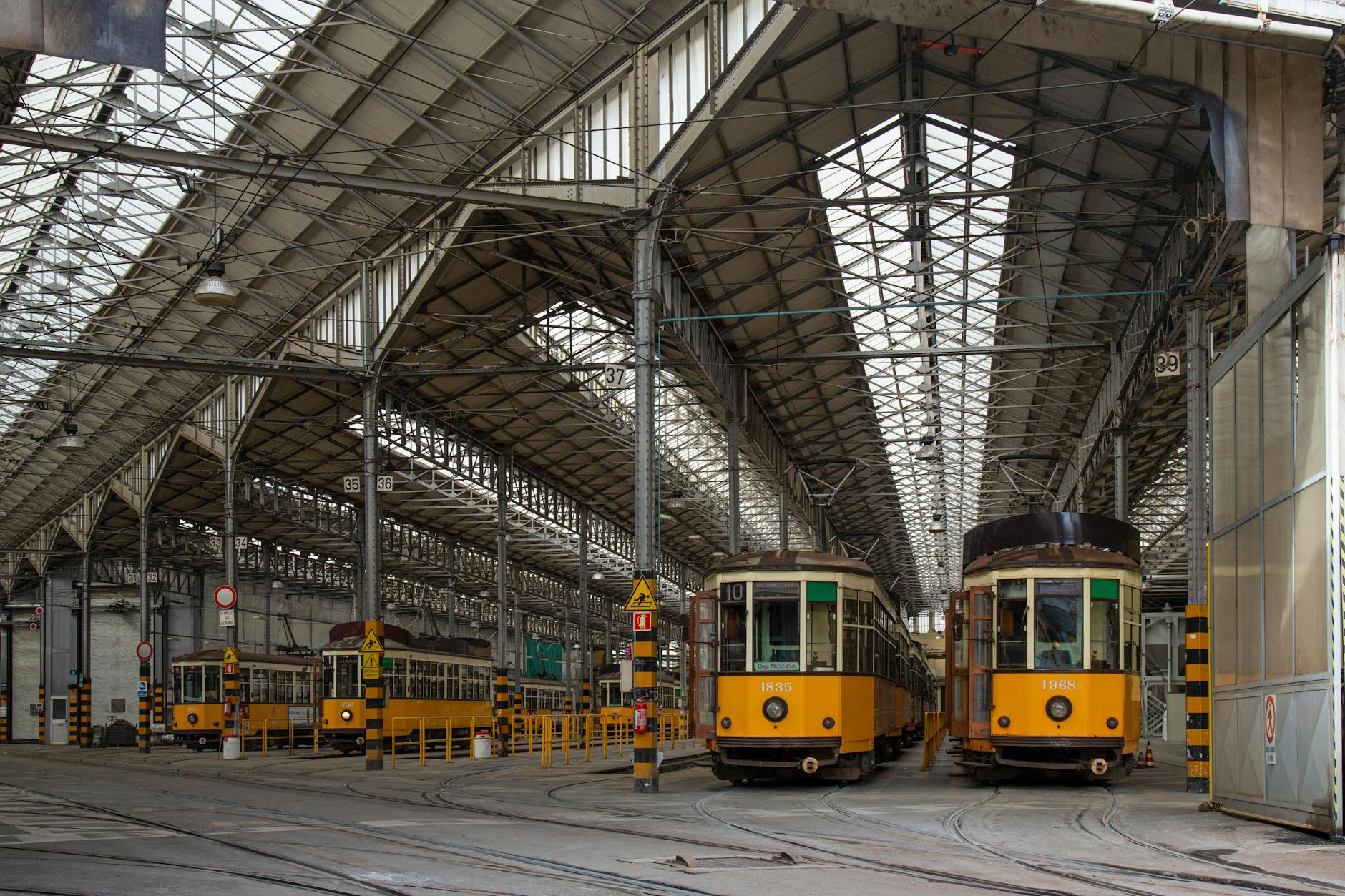 Yellow trams at a Milan depot