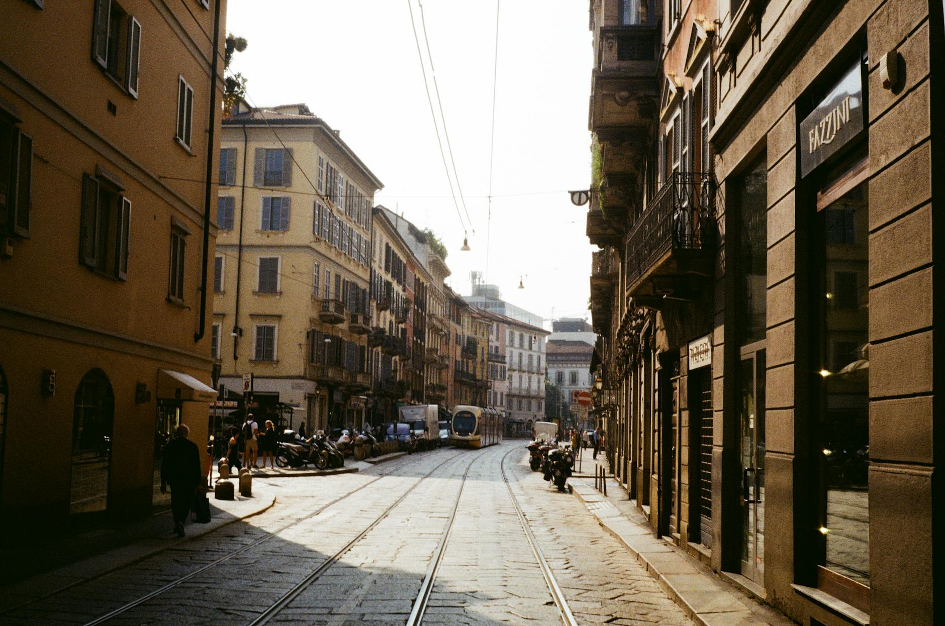 Tram tracks running through a Milan street