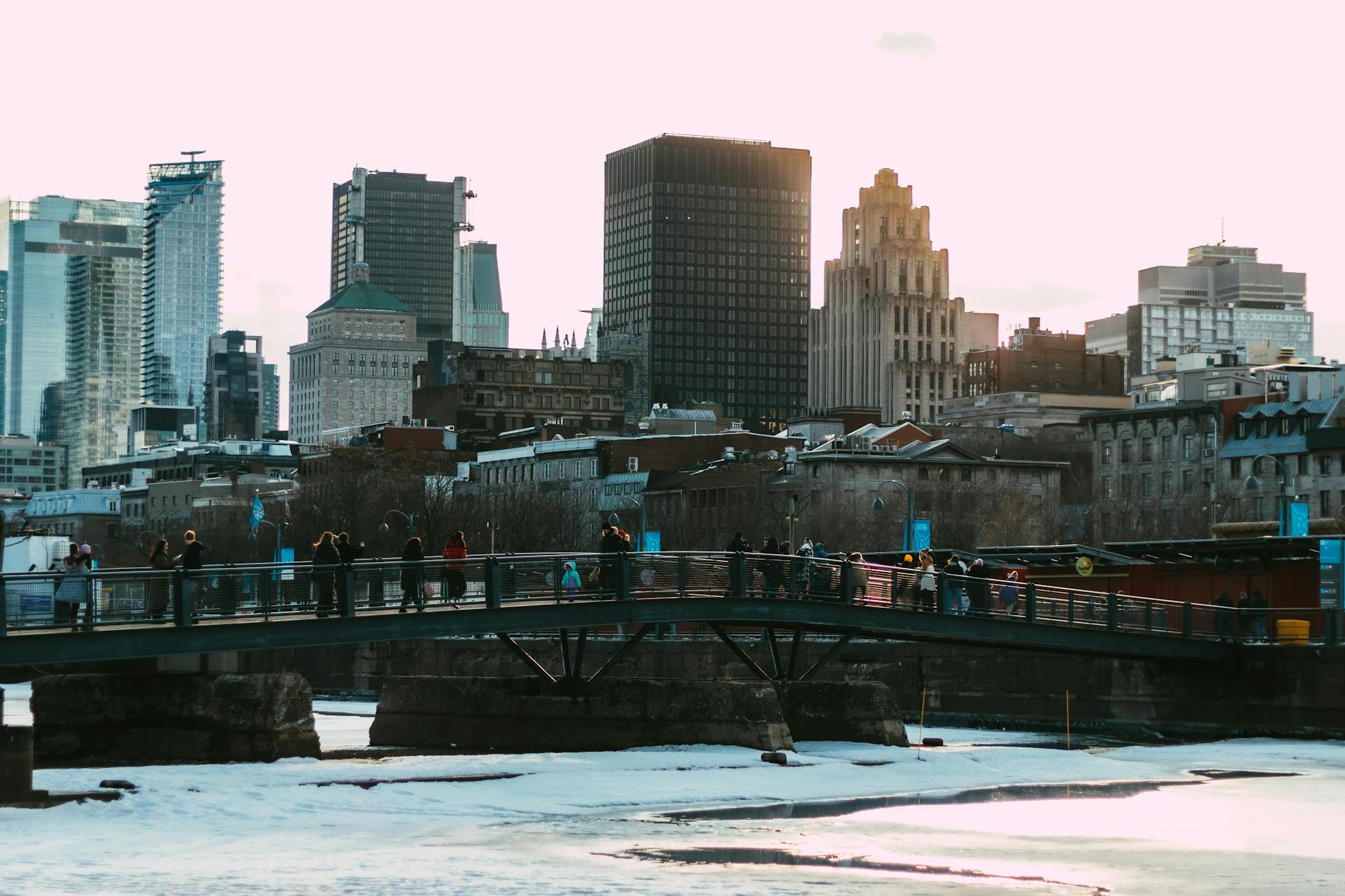 Winter footbridge with Montreal skyline