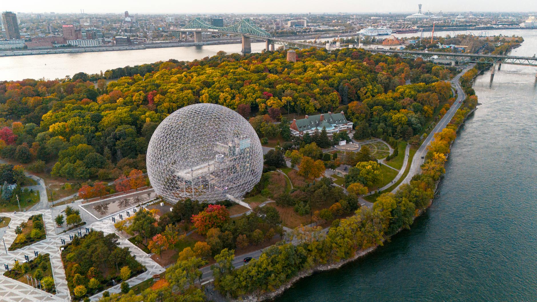Montreal Biosphere surrounded by greenery