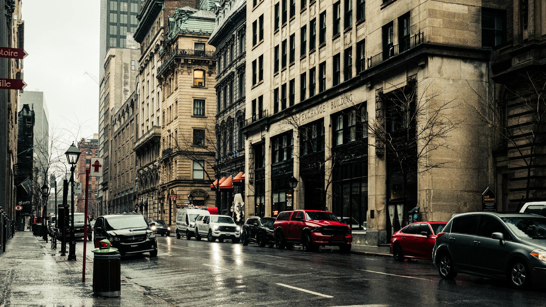 Rainy Rue Saint-Jacques in Montreal