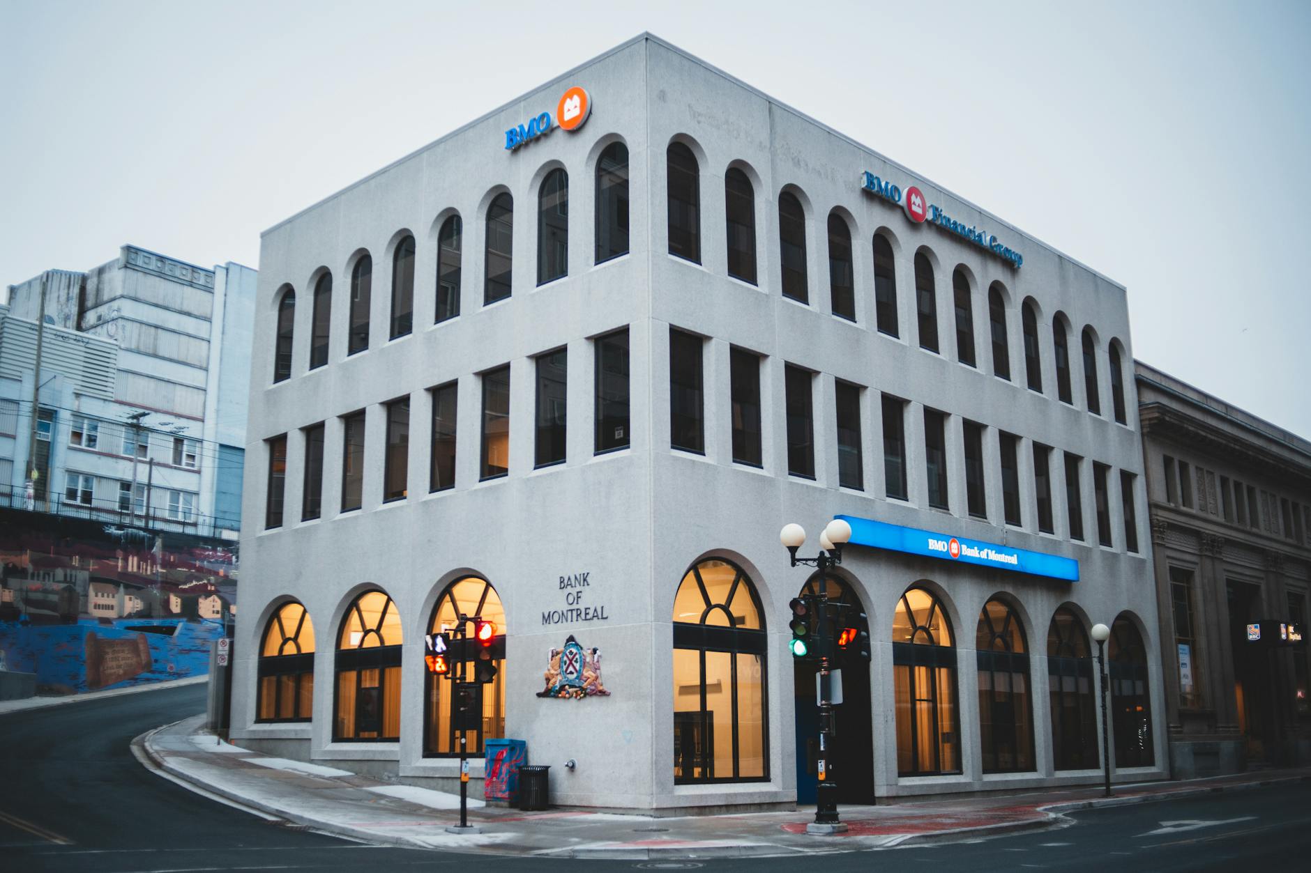 Contemporary bank building in the evening