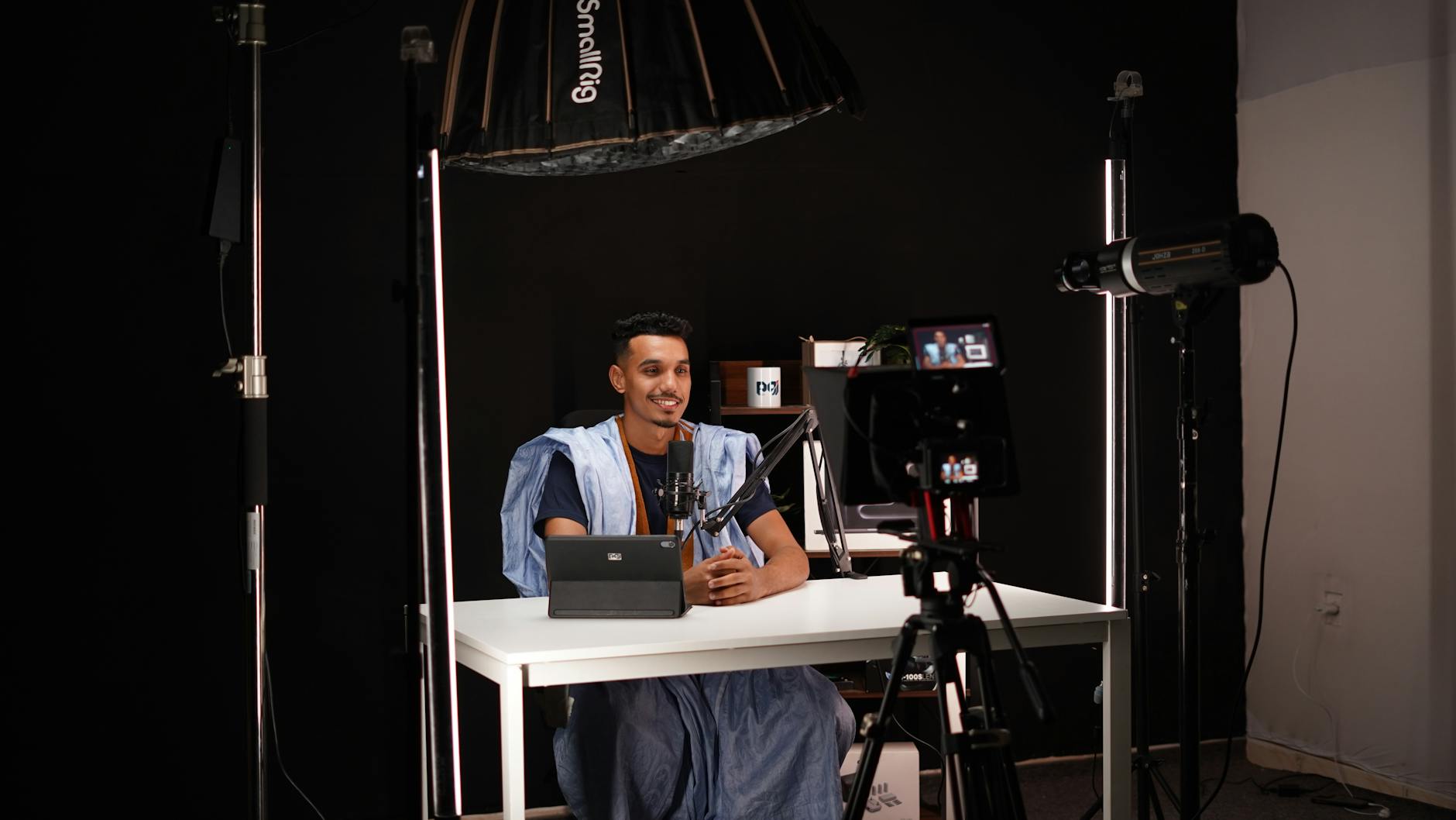 Video creator recording in a studio