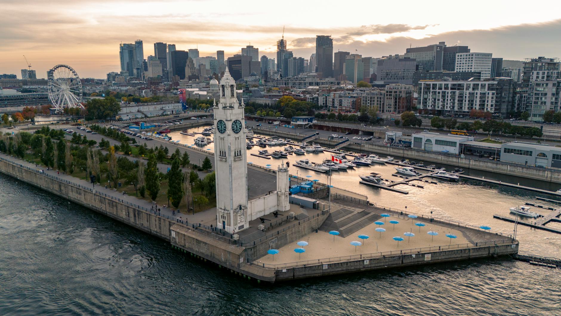 Aerial view of Montreal Clock Tower by the waterfront