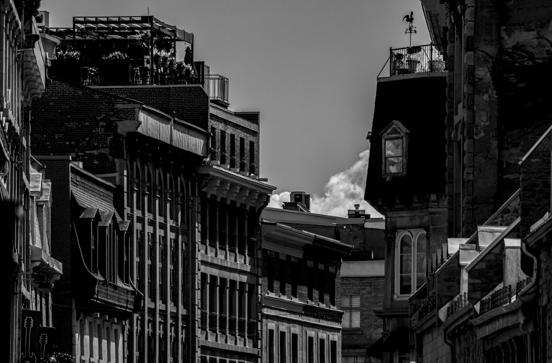 Historic Montreal buildings in black and white