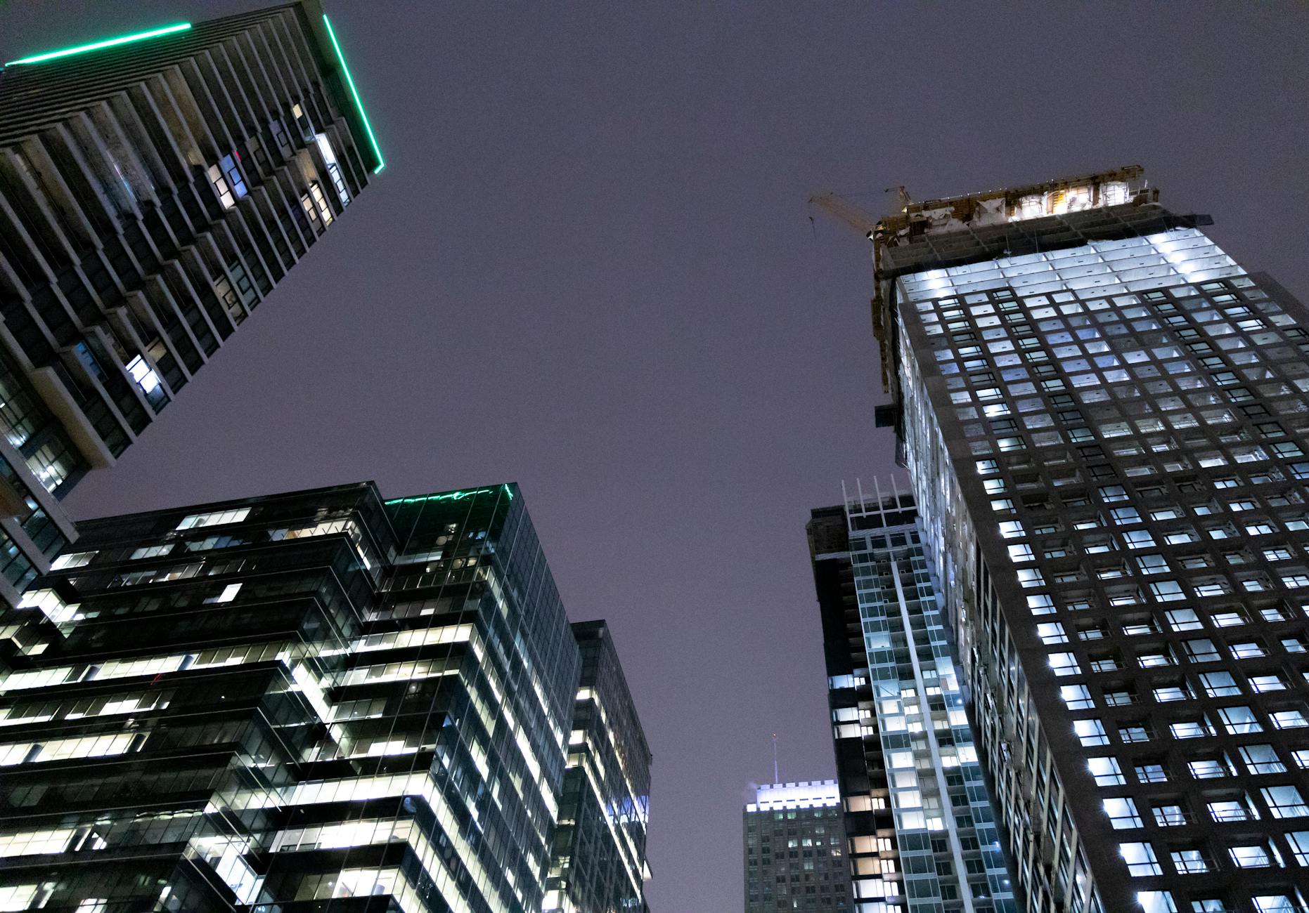 Downtown Montreal skyscrapers at night