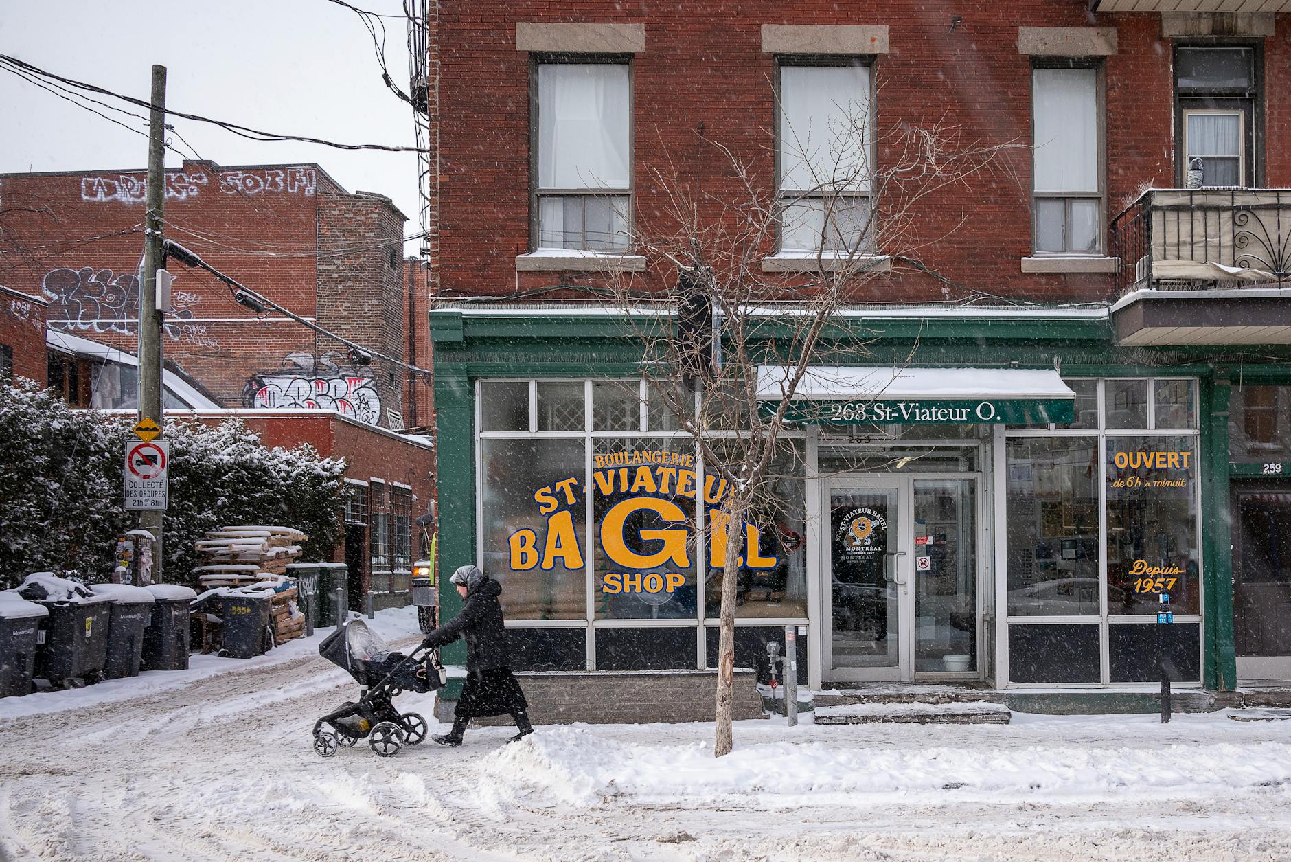 Snowy street outside St-Viateur Bagel in Montreal
