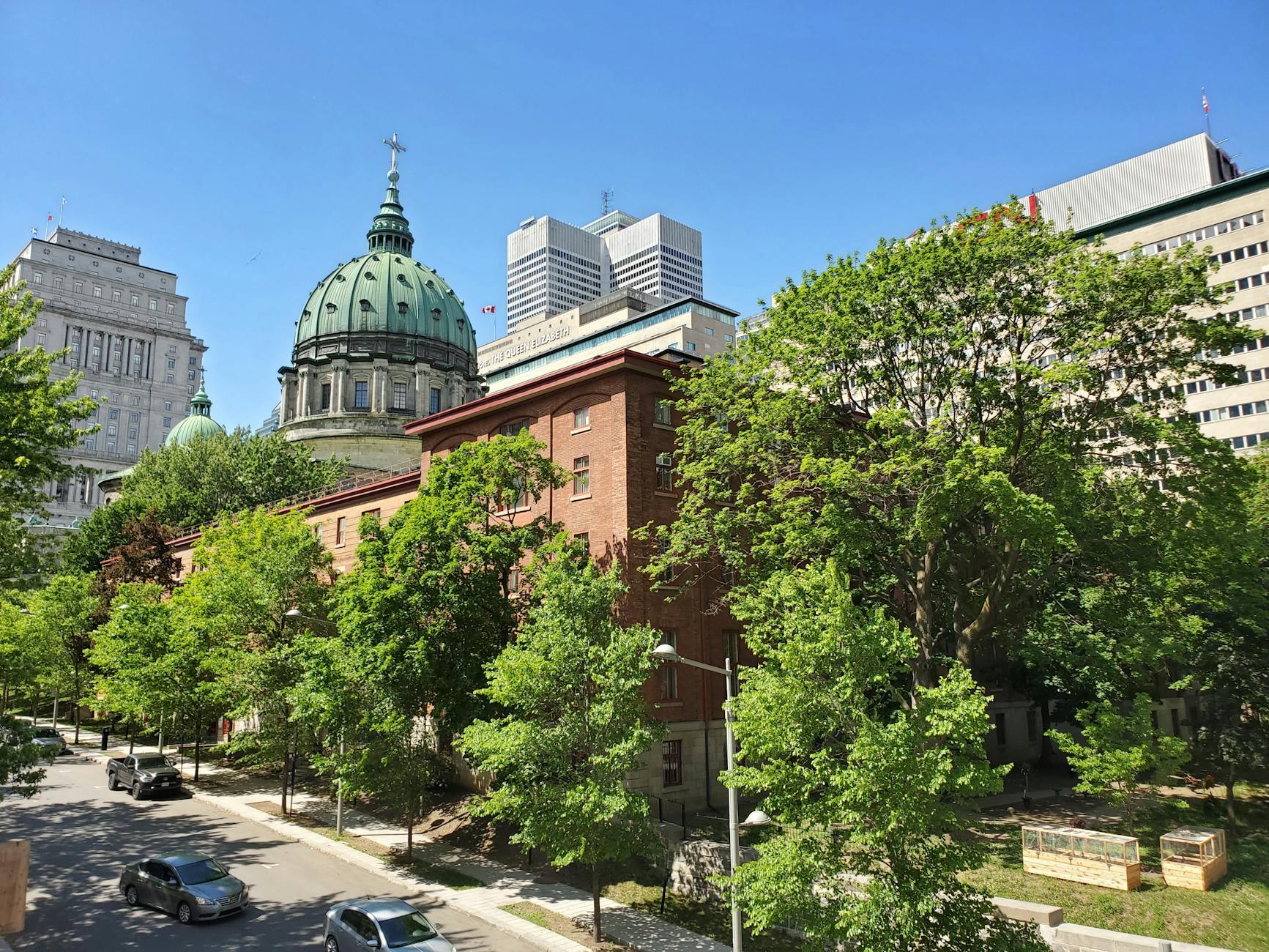 Historic architecture and greenery in downtown Montreal