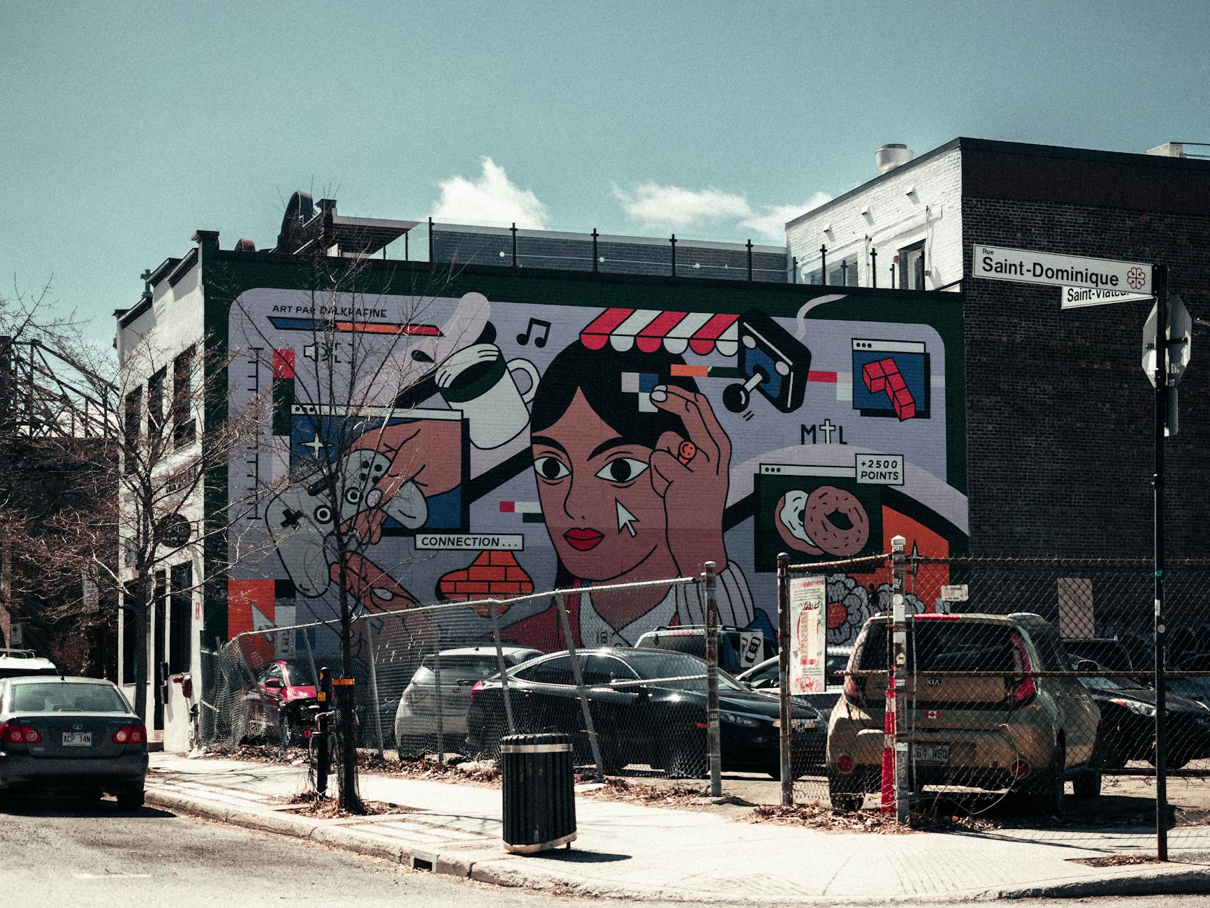 Colorful mural on Saint-Dominique Street in Montreal