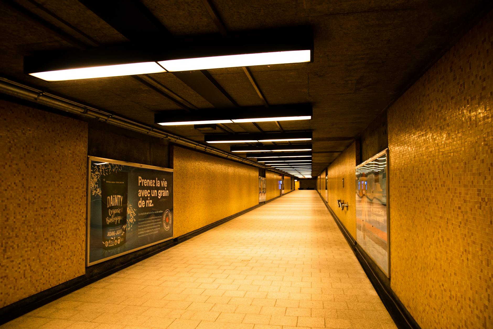 Montreal metro tunnel with yellow tiles
