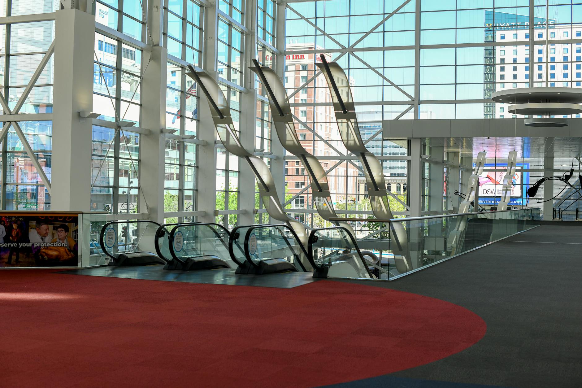 Convention center interior with escalators