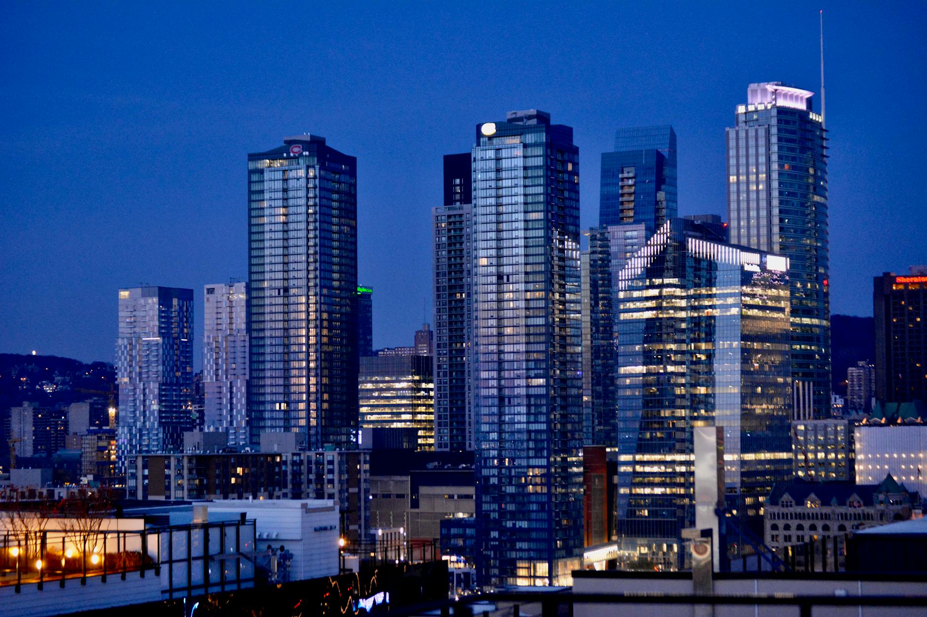 Montreal skyline illuminated at twilight