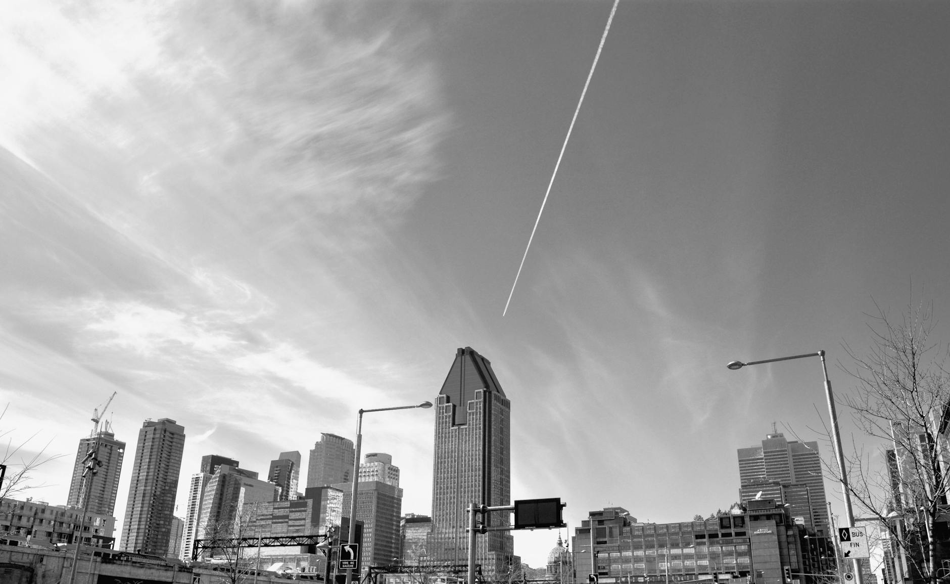 Black and white view of Montreal skyline