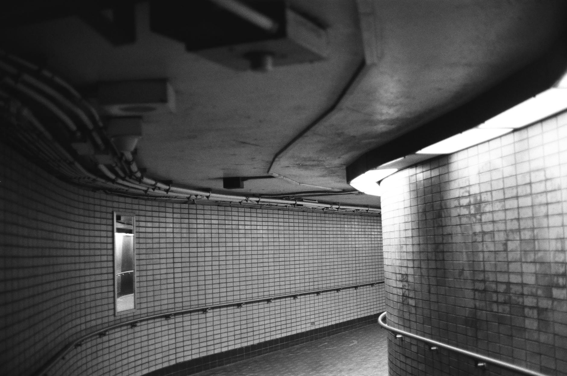 Montreal subway tunnel in black and white