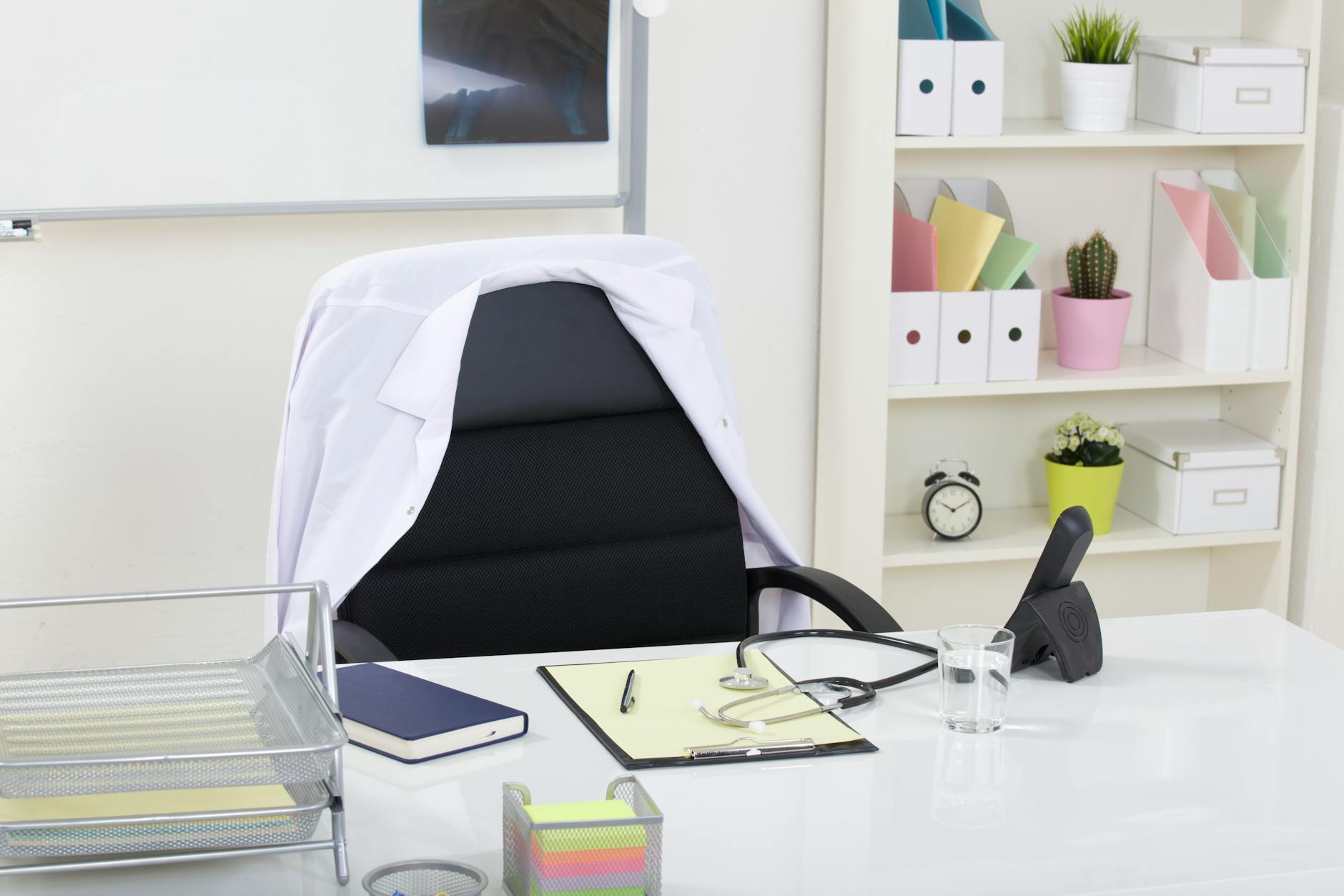Medical office desk with stethoscope