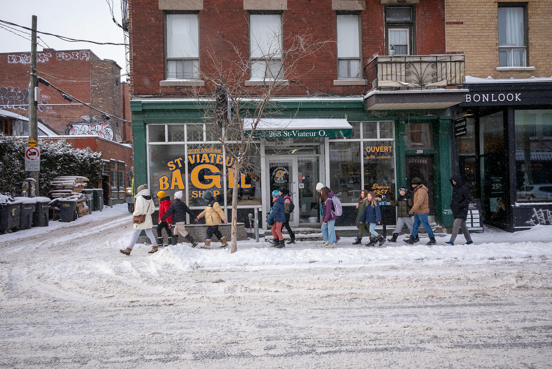 Snowy street outside St-Viateur Bagel in Montreal