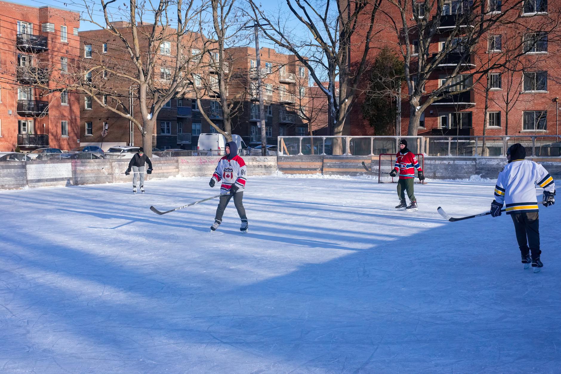 Outdoor winter community hockey rink in Montreal