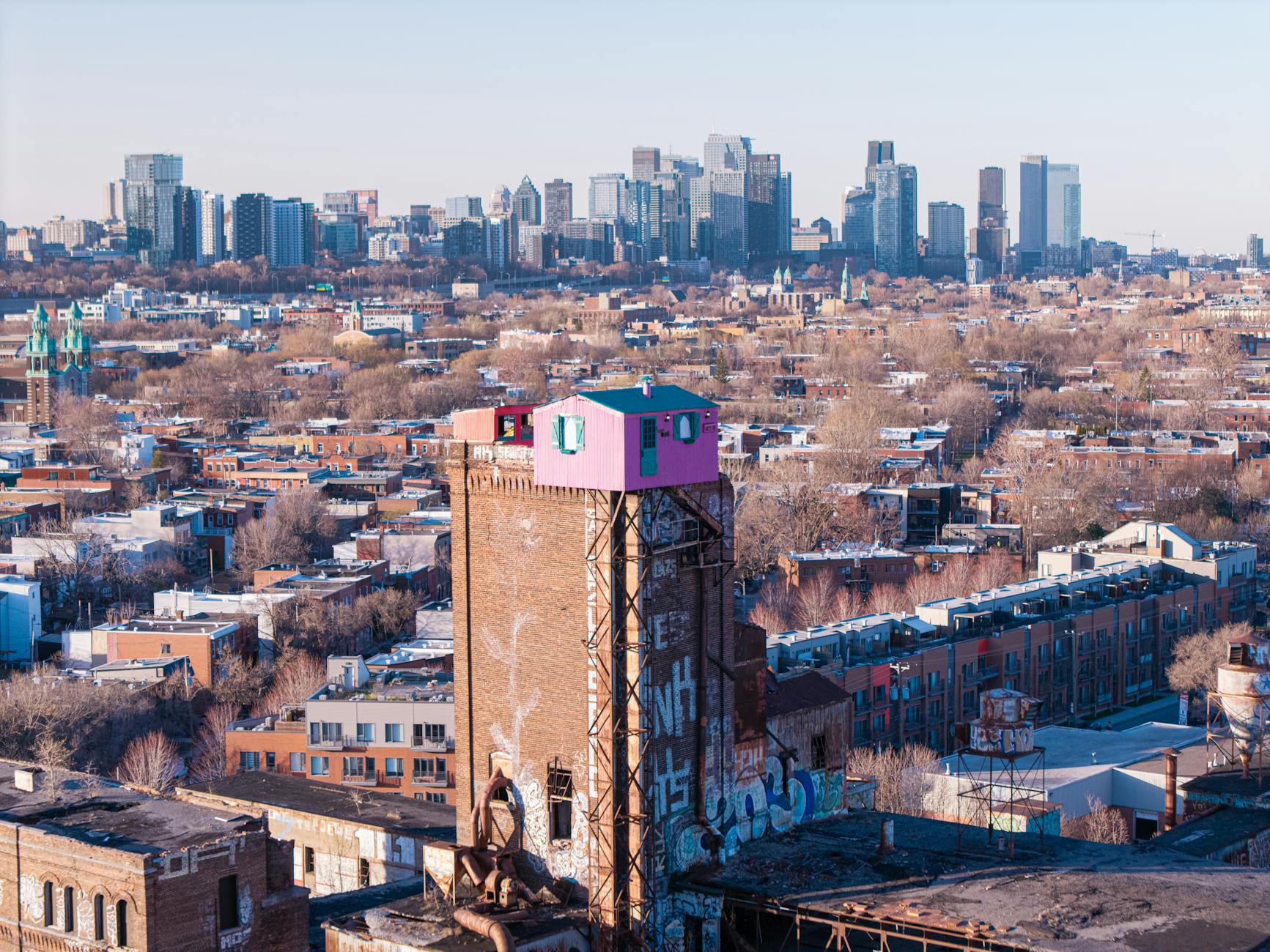 Saint-Henri neighborhood with Montreal skyline