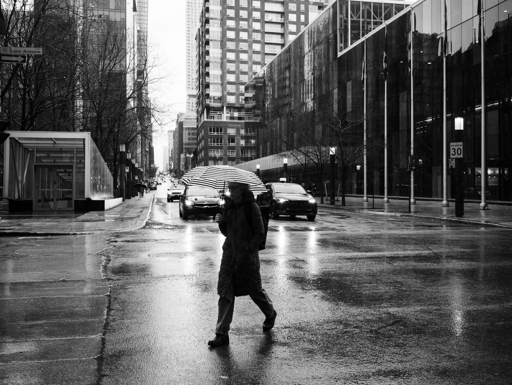Rainy Montreal street crossing with umbrella