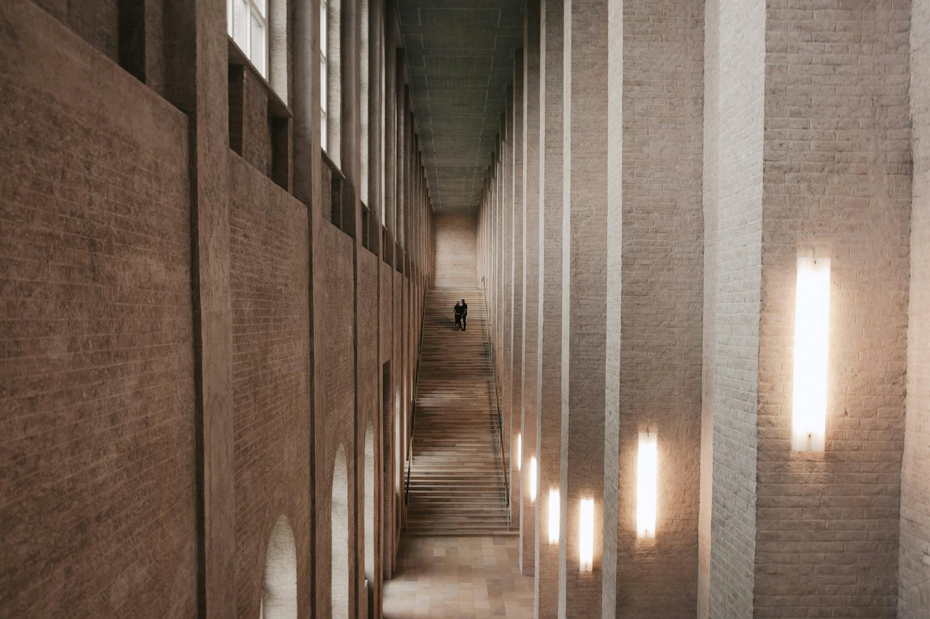 Modern Munich gallery interior with stairs
