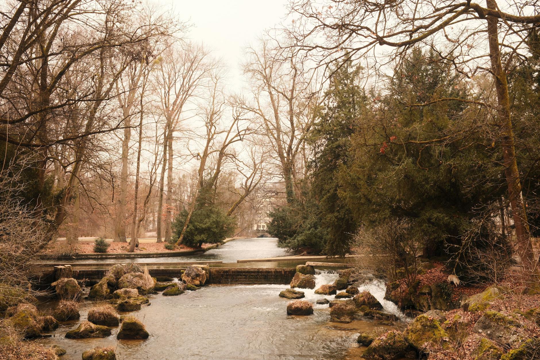 River in Munich's English Garden during winter