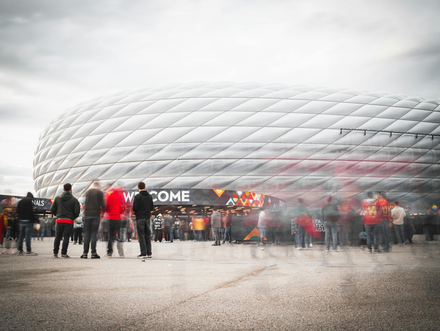 Crowd gathering outside Allianz Arena in Munich