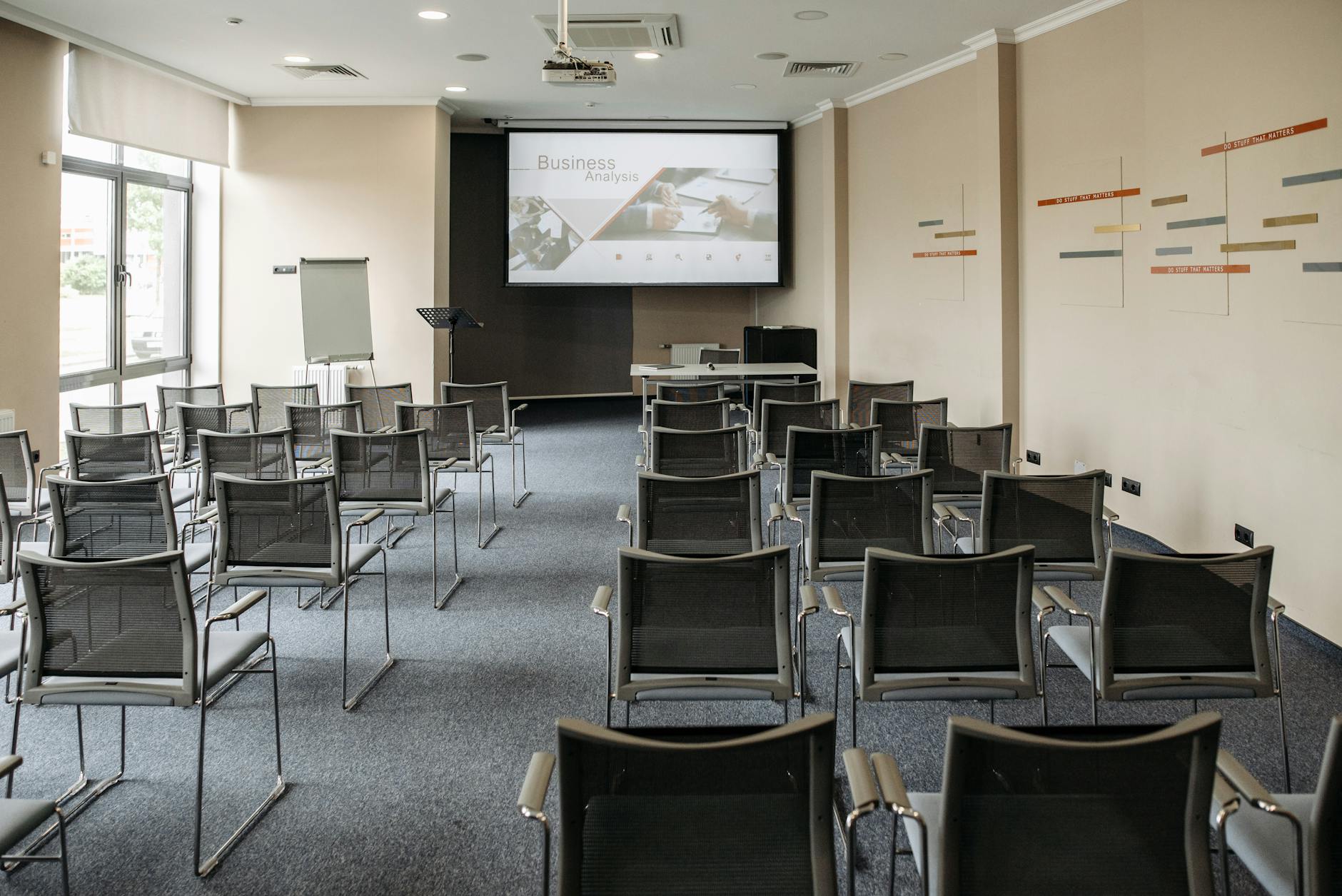 Conference room with chairs and presentation screen