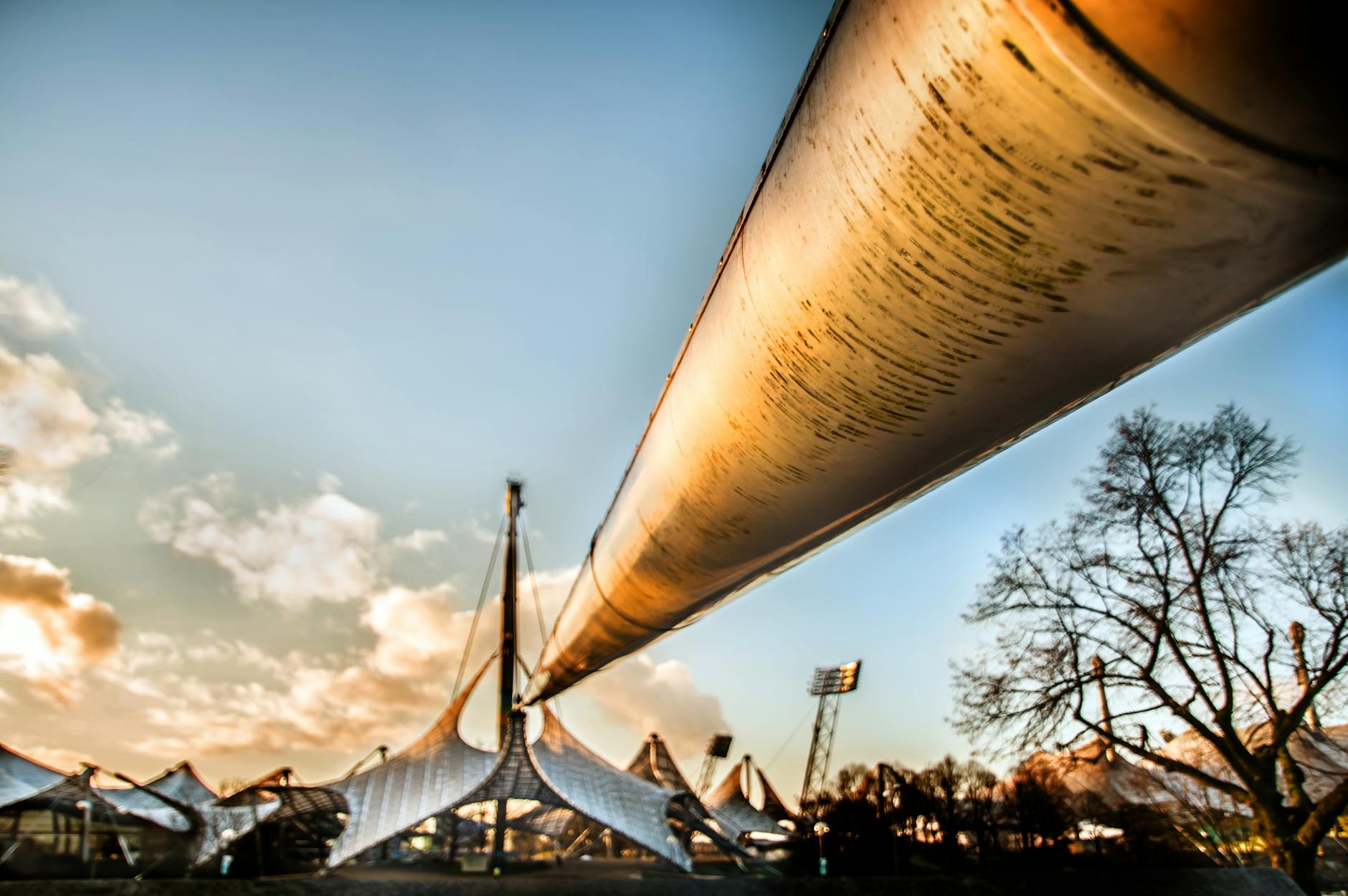 Olympic Park architecture in Munich at sunset