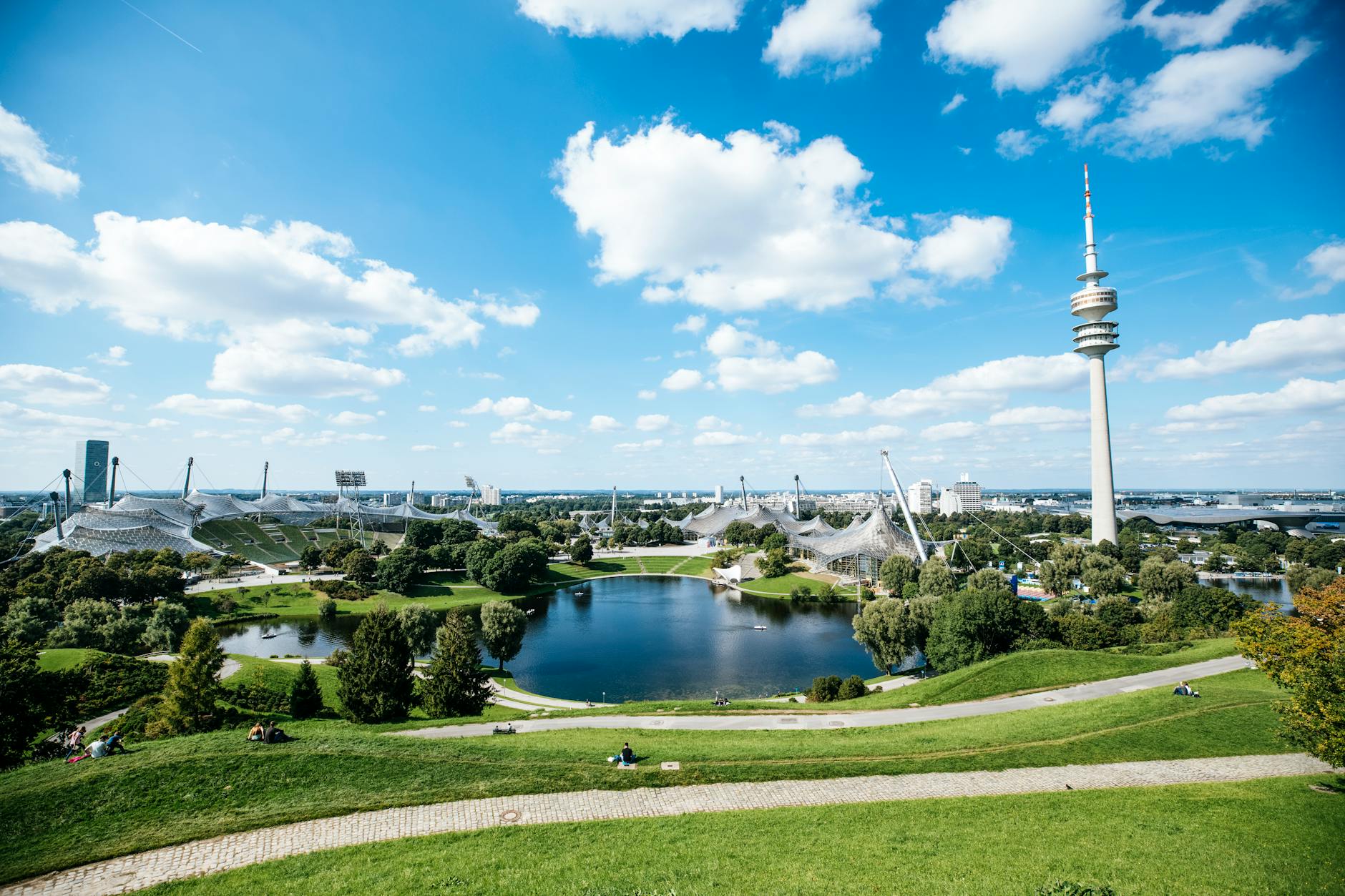 Olympiapark in Munich with Olympic Tower and greenery