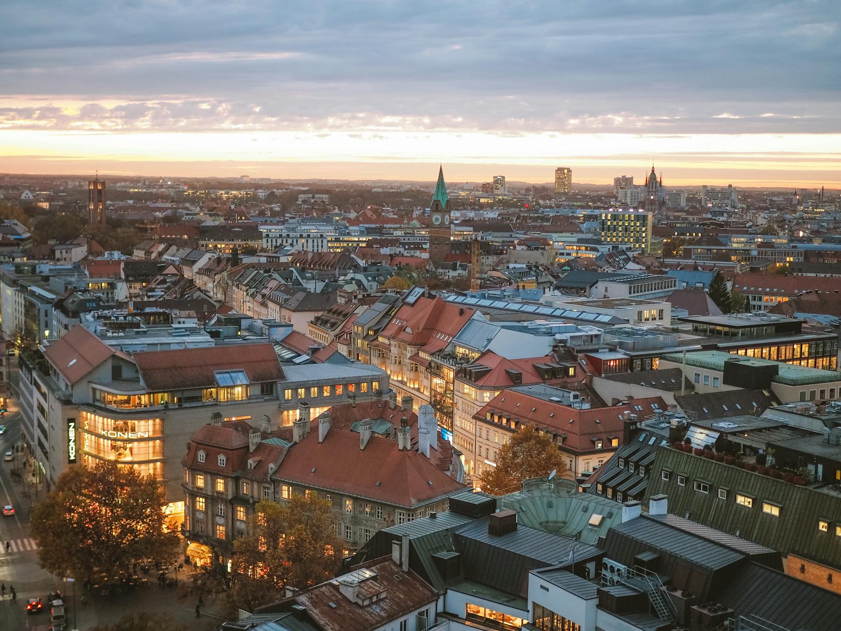 Aerial view of Munich at sunset