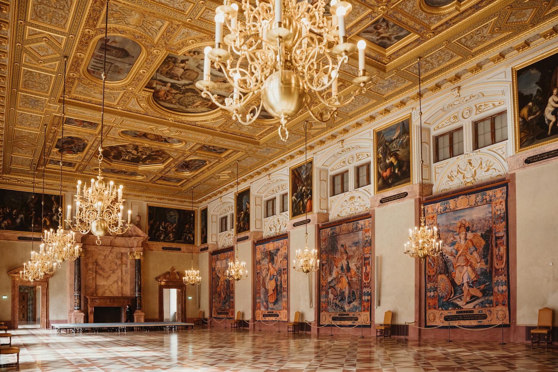 Elegant Munich palace hall with chandeliers