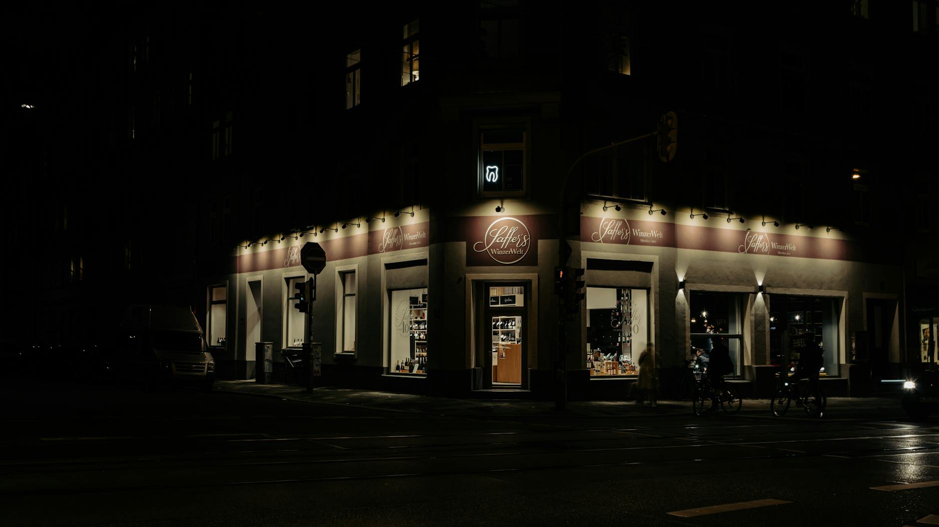 Munich shopfront at night