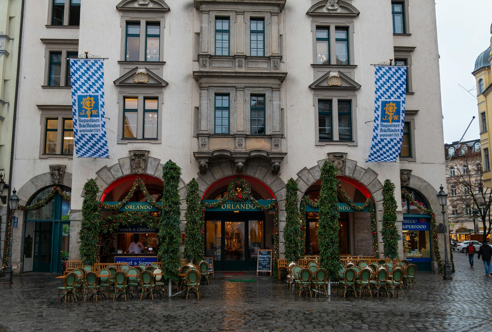 Bavarian beer garden in Munich with festive decorations