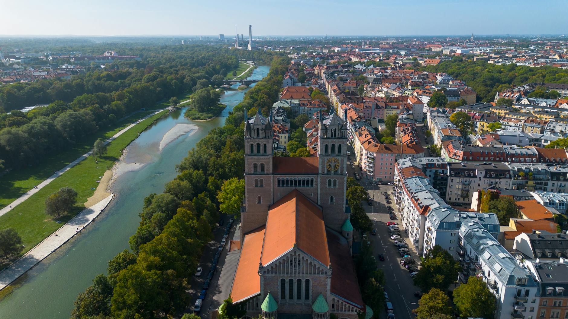 Aerial view of Munich and the Isar River