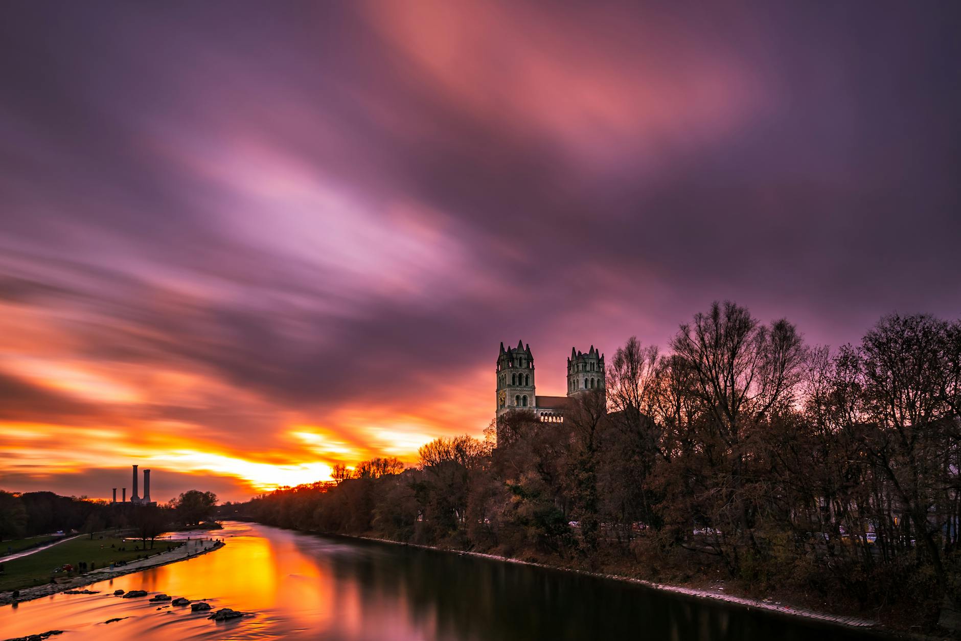 Sunset over St. Maximilian Church by the Isar River