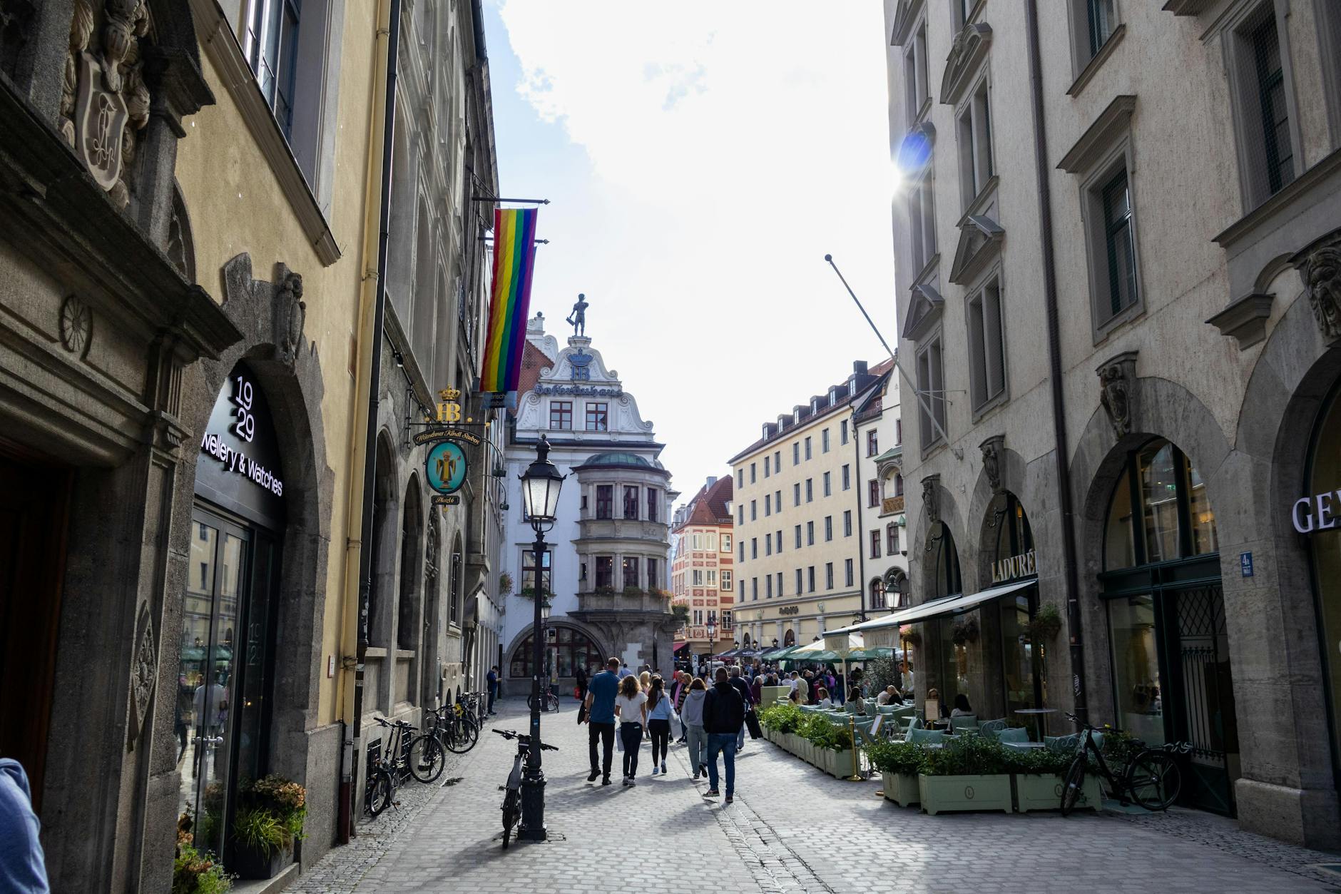 Historic Munich street with urban life