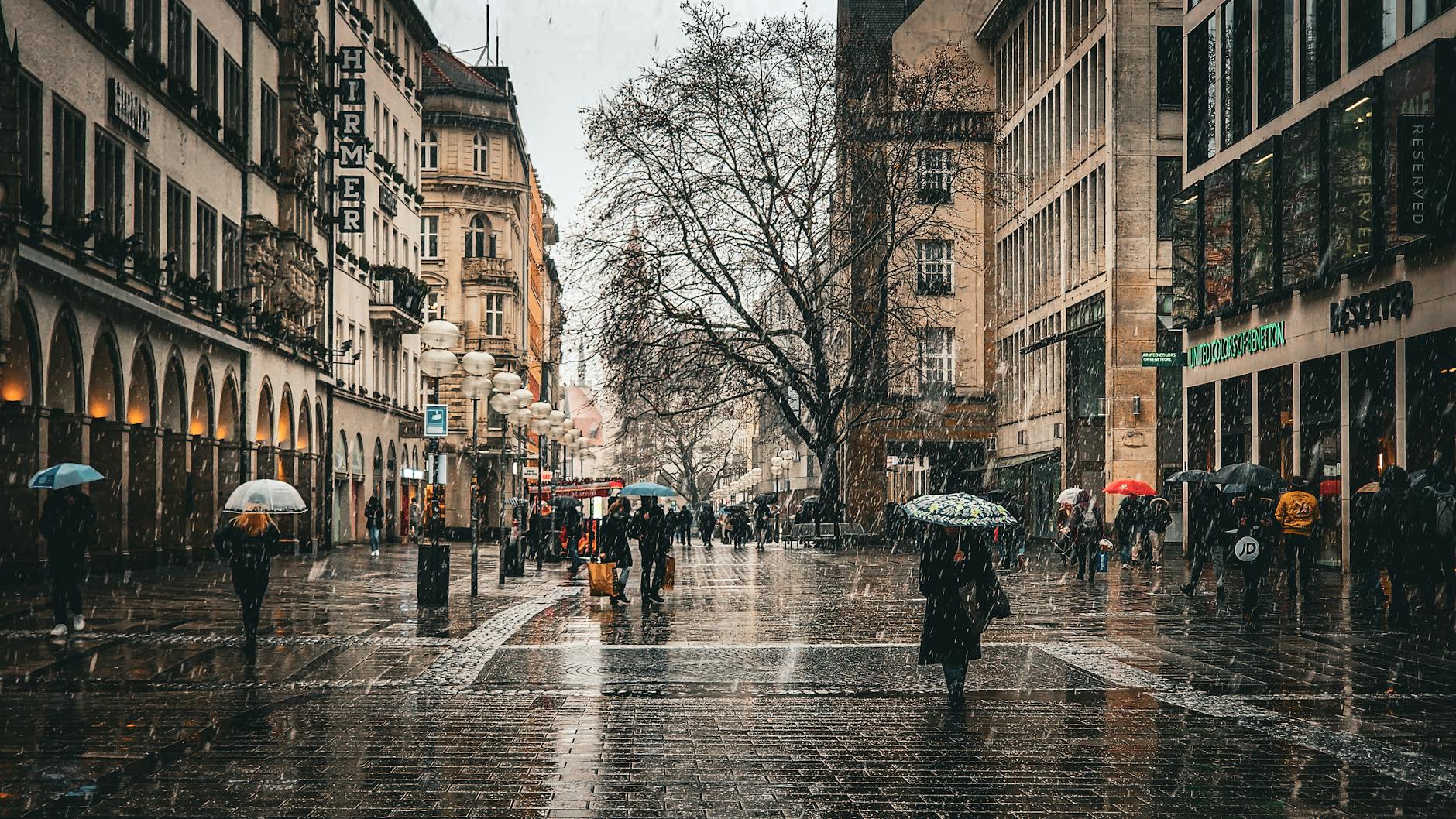 Umbrellas in Munich city center on a rainy day