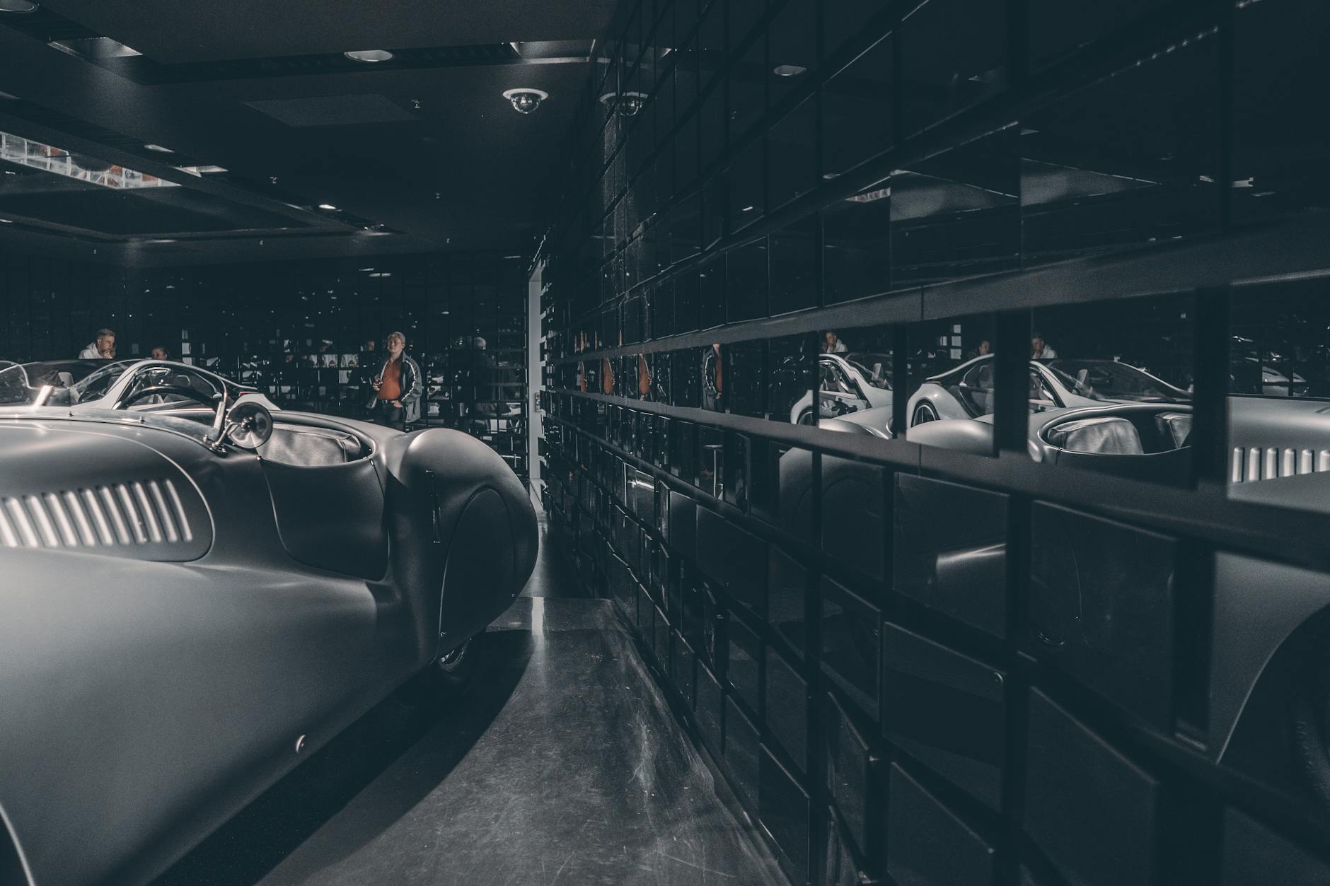 Vintage car in a modern Munich showroom