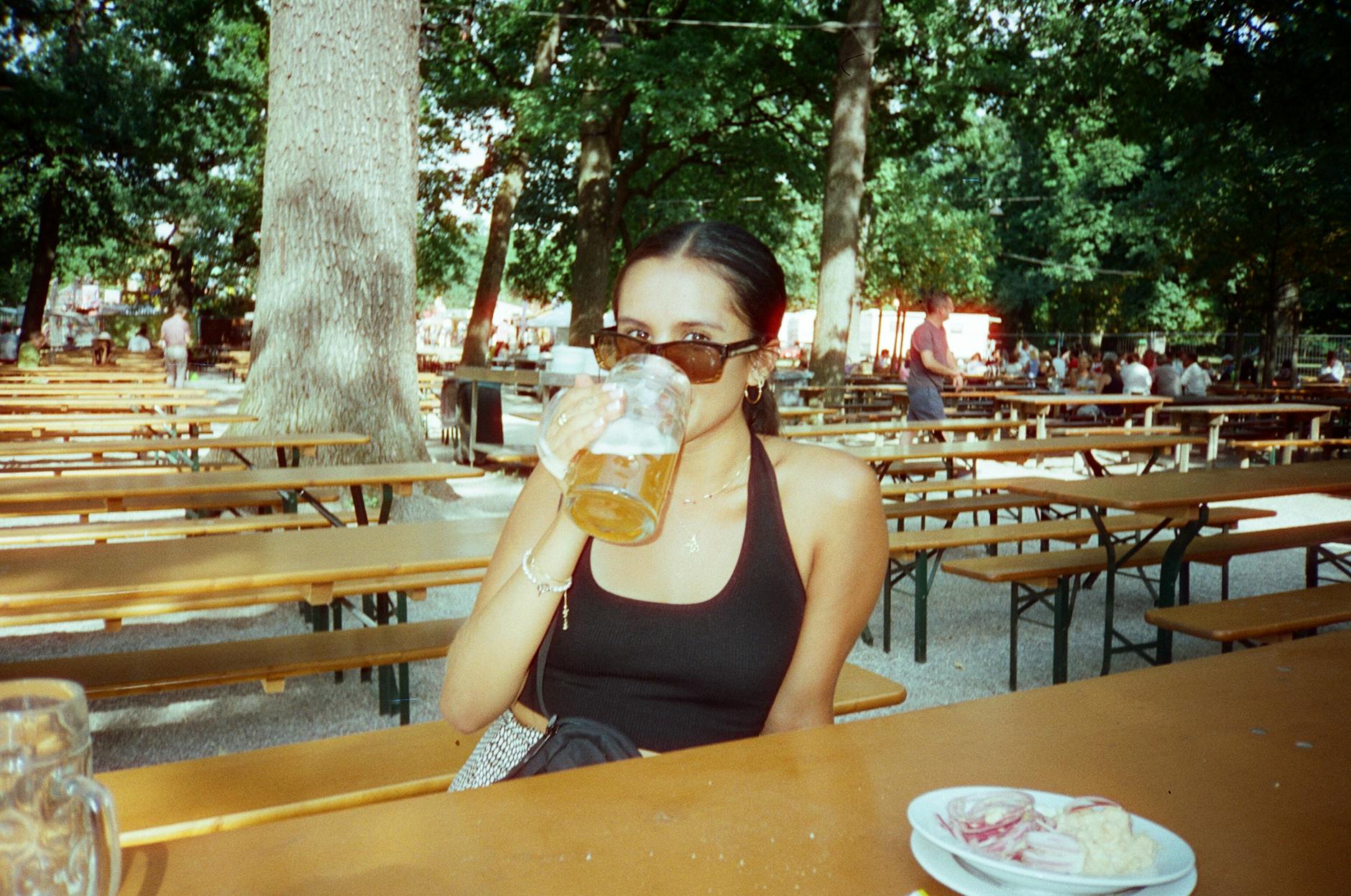 Woman at an outdoor beer garden