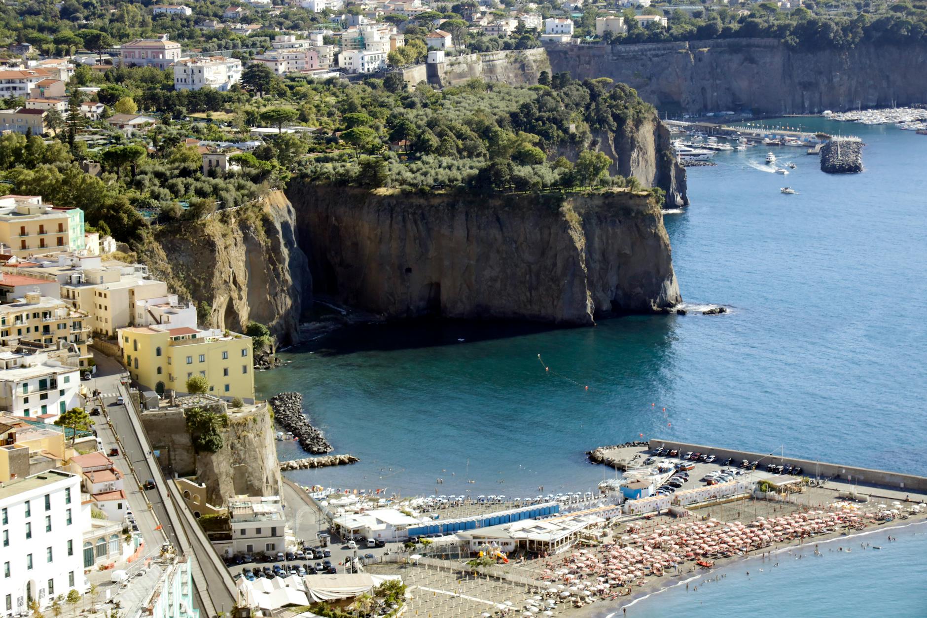 Aerial view of Sorrento cliffs and beach near Naples