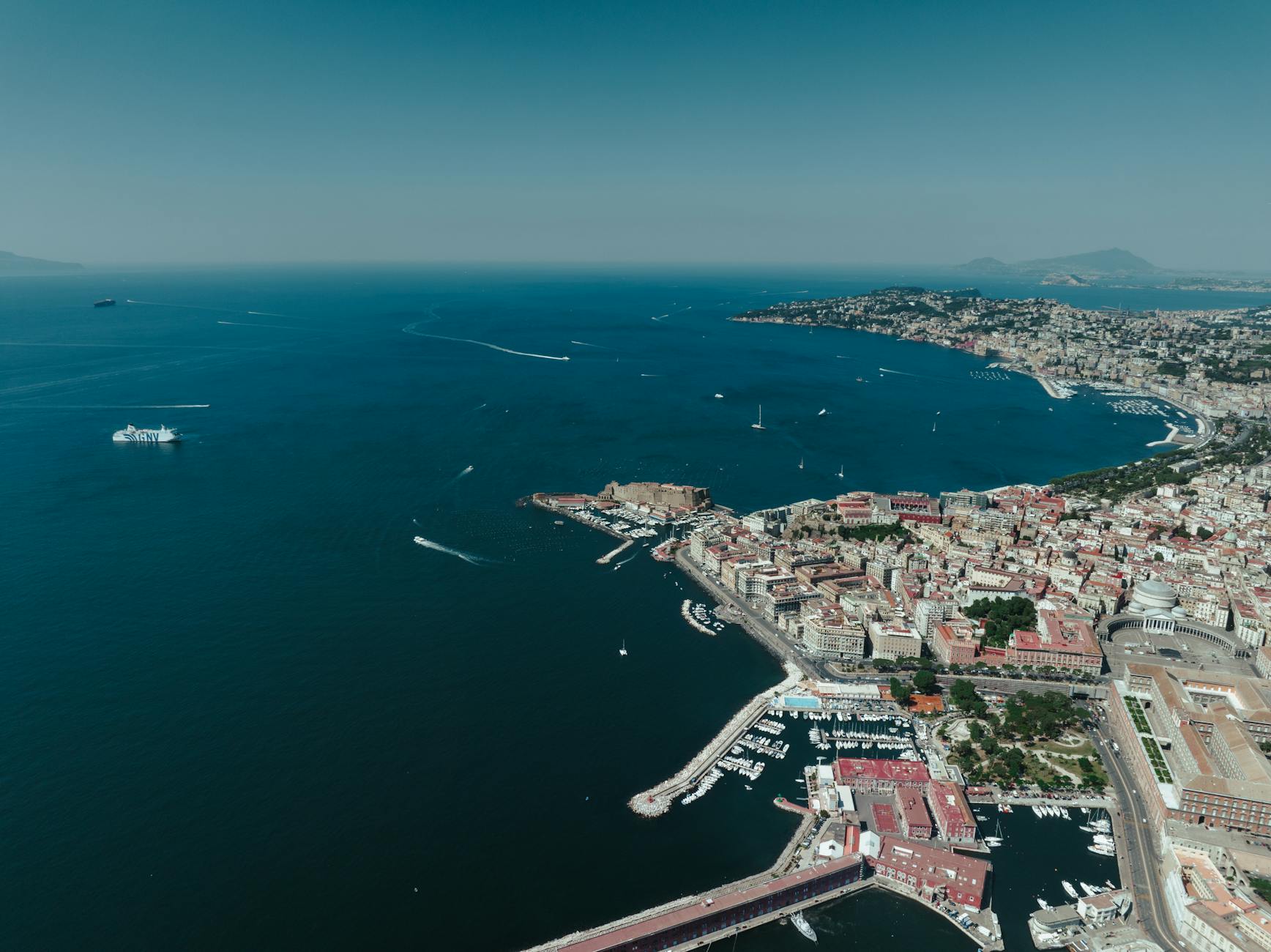 Aerial view of Napoli harbor and Mediterranean coastline