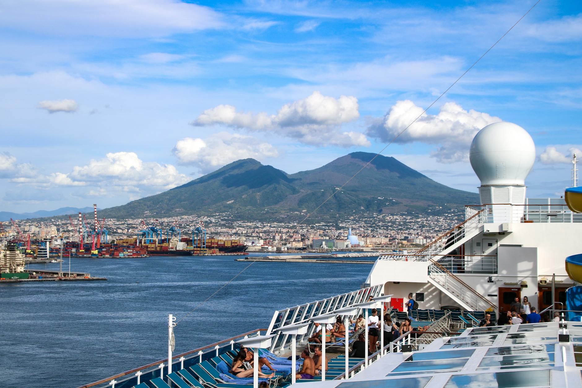 Naples and Mount Vesuvius seen from a ship deck